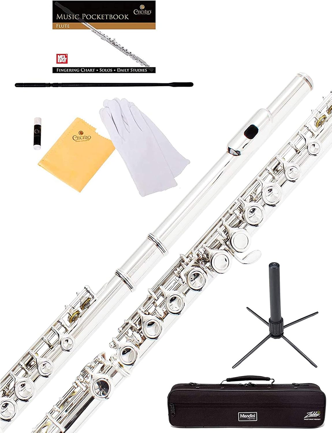 Mendini By Cecilio Flutes - Closed Hole C Flute For Beginners, 16-Key Flute with a Case, Stand, Lesson Book, and Cleaning Kit, Musical Instrument for Kids, Nickel Plated