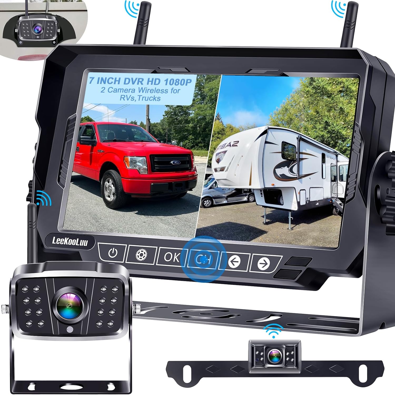 Dual RV Backup Cameras Wireless - Ease Install Plug-Play Recording HD 1080P 7'' Touch Key Monitor Trailer Truck Rear View Cam Night Vision Signal No-Delay 4 Channels for Furrion Pre-Wired Mount -LK8