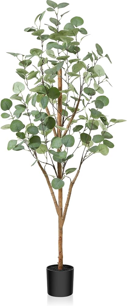 Artificial Eucalyptus Tree 5ft, Tall Fake Eucalyptus Tree with Natural Wood Trunk and Silver Dollar Leaves, Silk Faux Eucalyptus Artificial Plants for Indoor Home Decor Office Living Room, 1Pcs