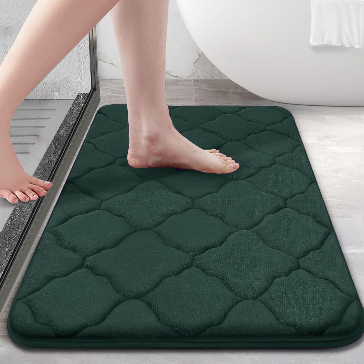 OLANLY Memory Foam Bath Mat Rug 24x16, Ultra Soft Non Slip and Absorbent Bathroom Rug, Machine Wash Dry, Comfortable, Thick Bath Rug Carpet for Bathroom Floor, Tub and Shower, Dark Green