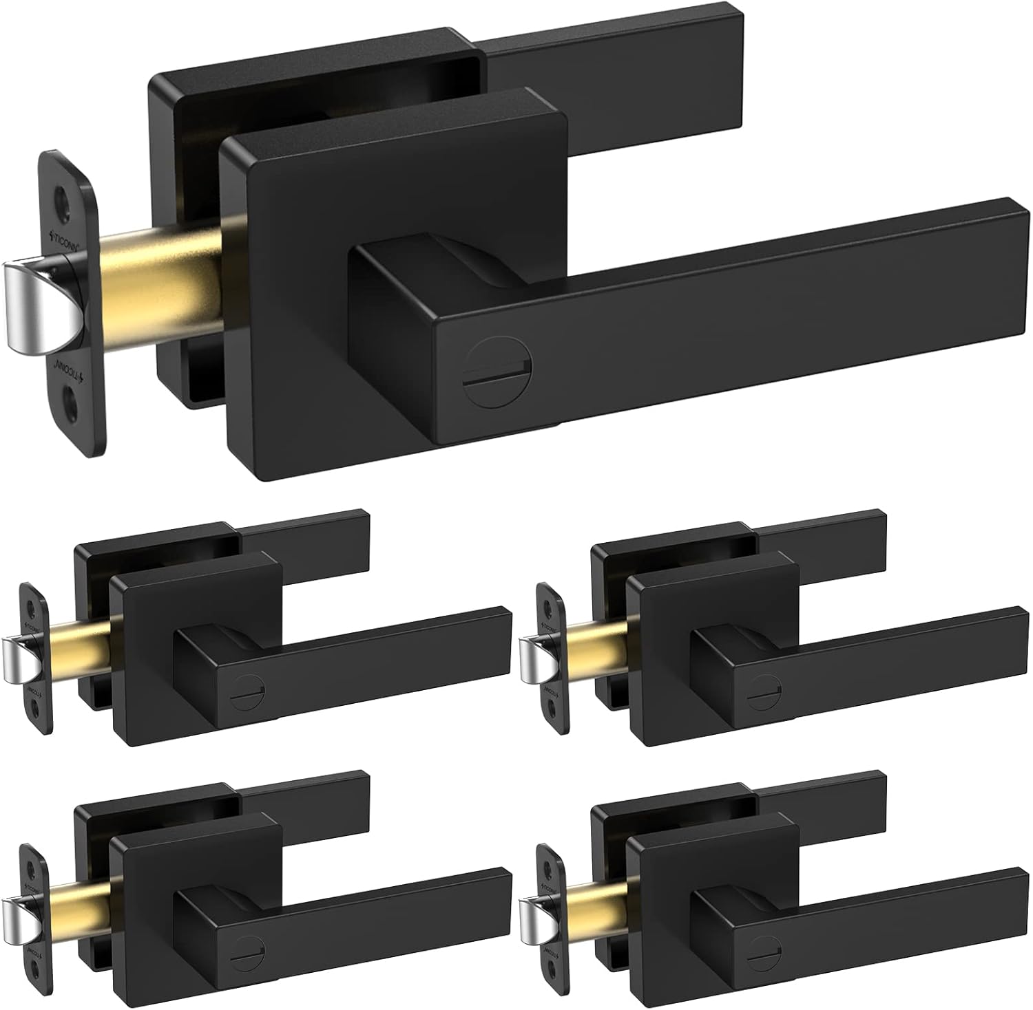 TICONN Black Door Handle Heavy Duty, Matte Black Reversible Square Door Lever for Bedroom, Bathroom and Rooms (Privacy, 5 Pack, Black)