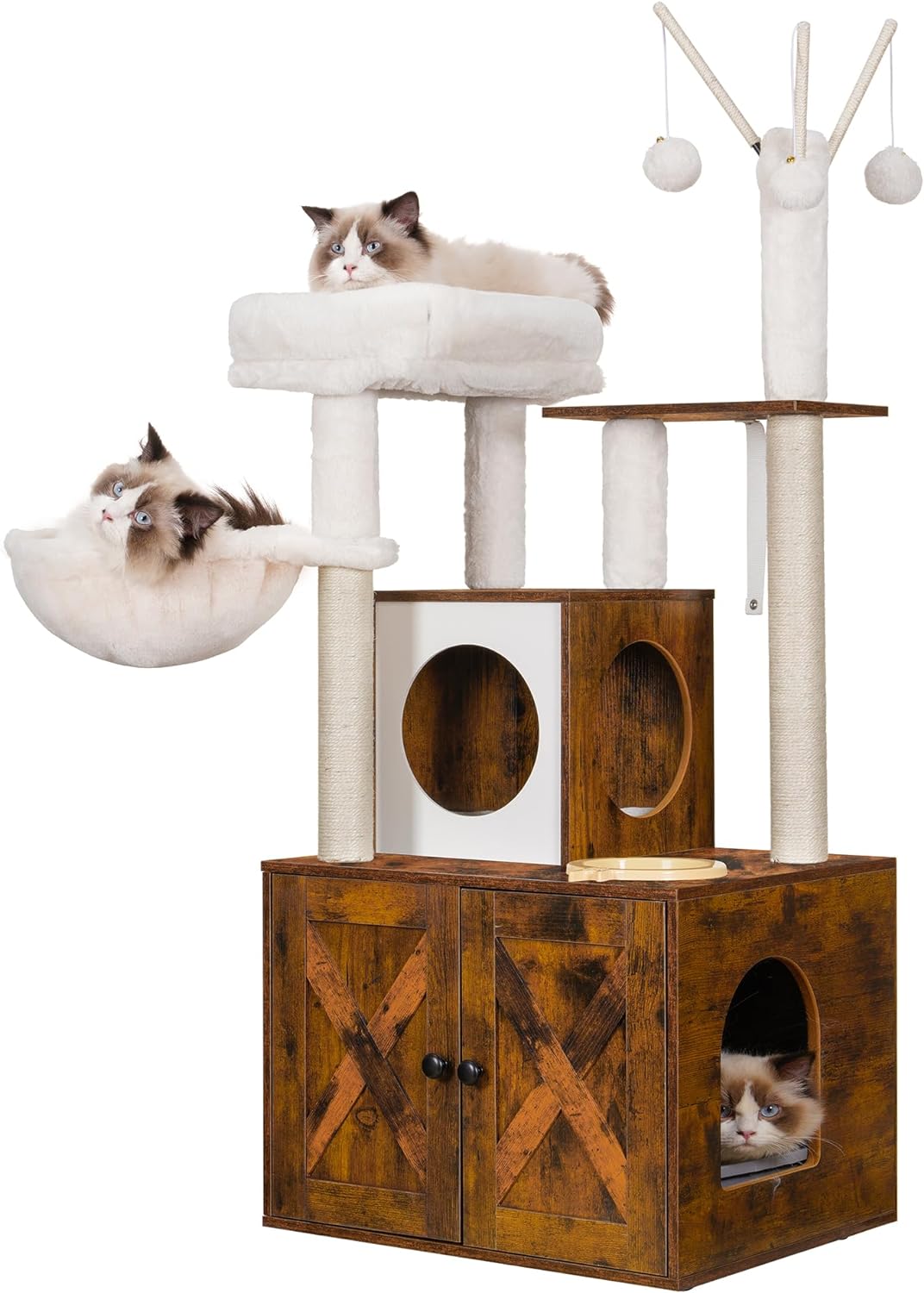 Heybly Cat Tree, Wood Litter Box Enclosure with Food Station, All-in-one Indoor Cat Furniture with Large Platform and Condo, Modern Style Cat Tower, Hammock, Rustic Brown HCT102SR