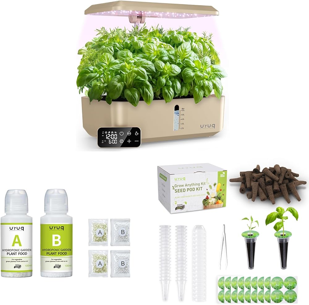 12 Pods Hydroponics Growing System Remote Control Gold & 140Pcs Hydroponic Pods Supplies & 600ml Plant Food Nutrients