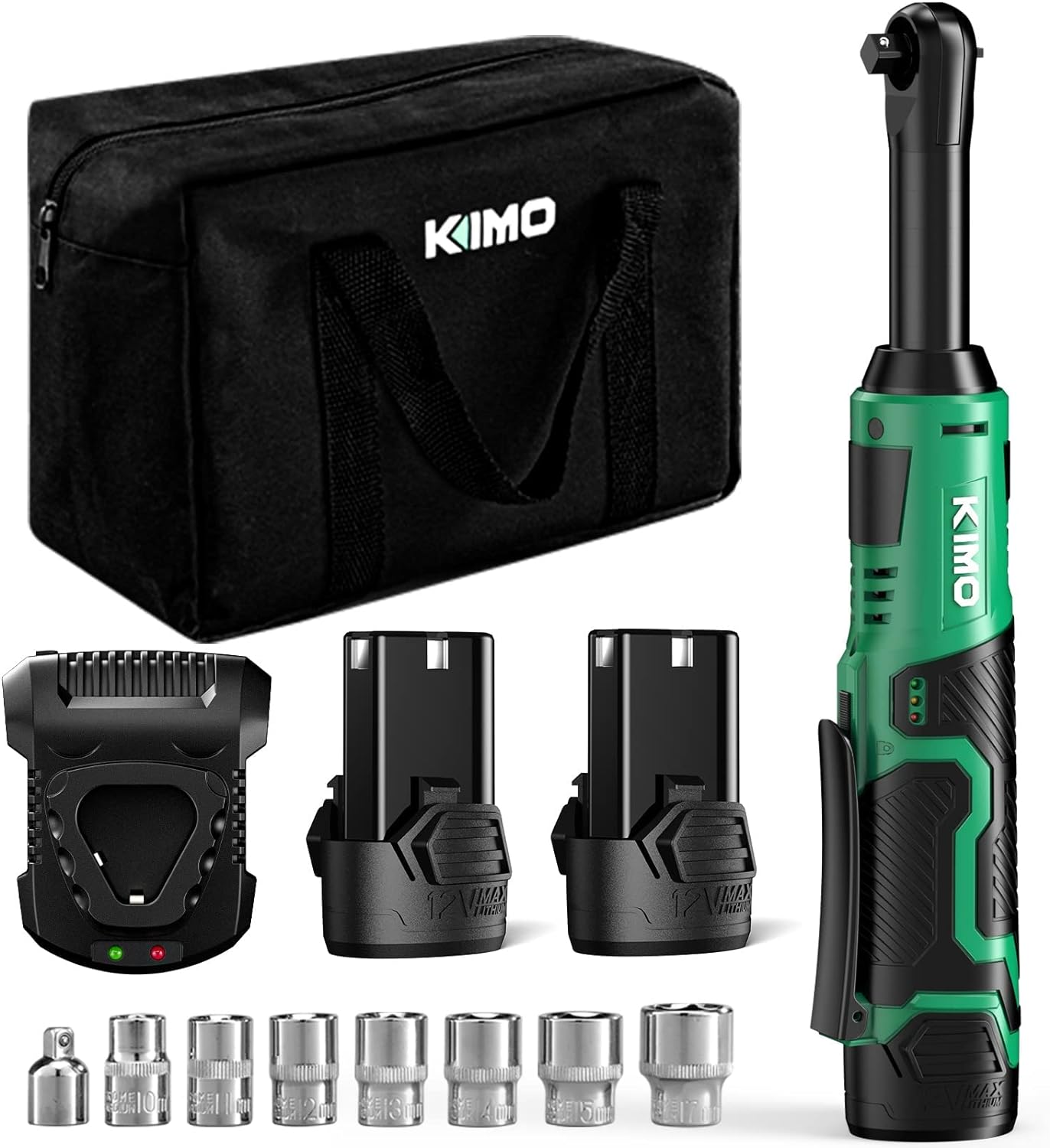 KIMO 3/8 Extended Electric Ratchet Wrench Set, 40 Ft-Lbs 400 Rpm 12V Cordless Ratchet Wrench w/ 2-Pack 2.0 Ah Batteries, 1 Hour Fast Charger & 8 Sockets, Power Ratchet w/Variable Speed & LED Light