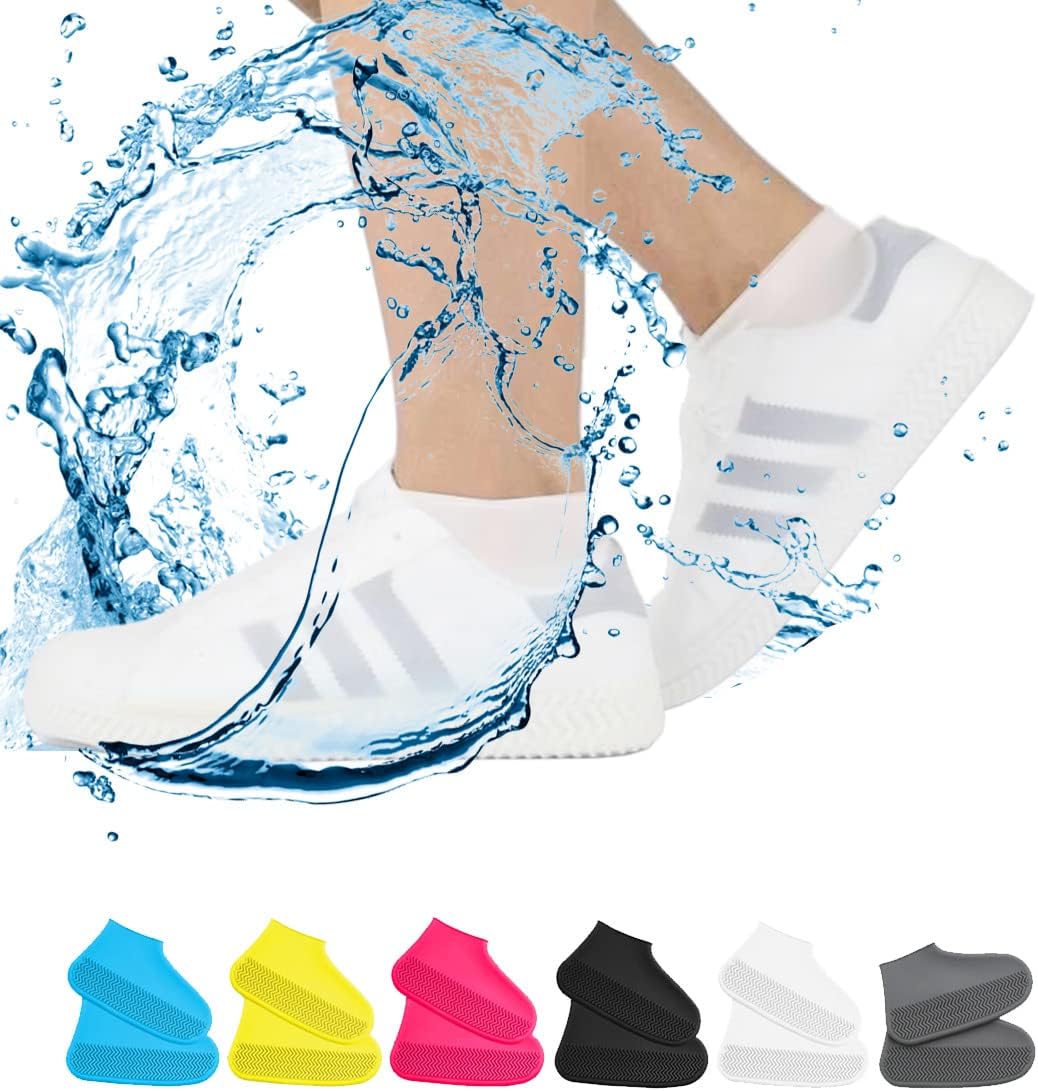 Waterproof Shoe Covers, Non-Slip Water Resistant Overshoes Silicone Rubber Rain Shoe Cover Protectors for Kids, Men, Women (Large, White)