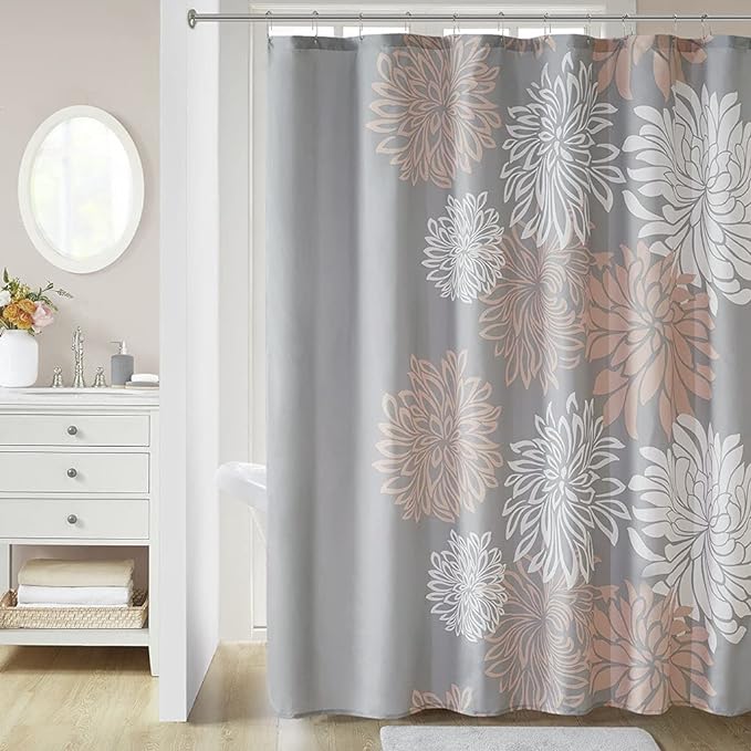 Comfort Spaces Enya Bathroom Shower Curtain Floral Printed, Cute Chic Microfiber Fabric Bath Curtains, 72x72, Blush/Grey