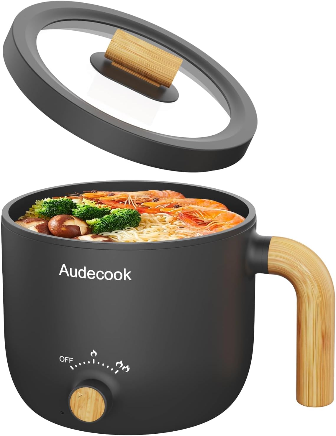 Audecook Hot Pot Electric, 1.5L Rapid Noodles Cooker, Portable Nonstick Mini Multicooker, Travel Electric Pot with Dual Power Control for Ramen/Pasta/Soup/Steak/Egg/Oatmeal (Black)