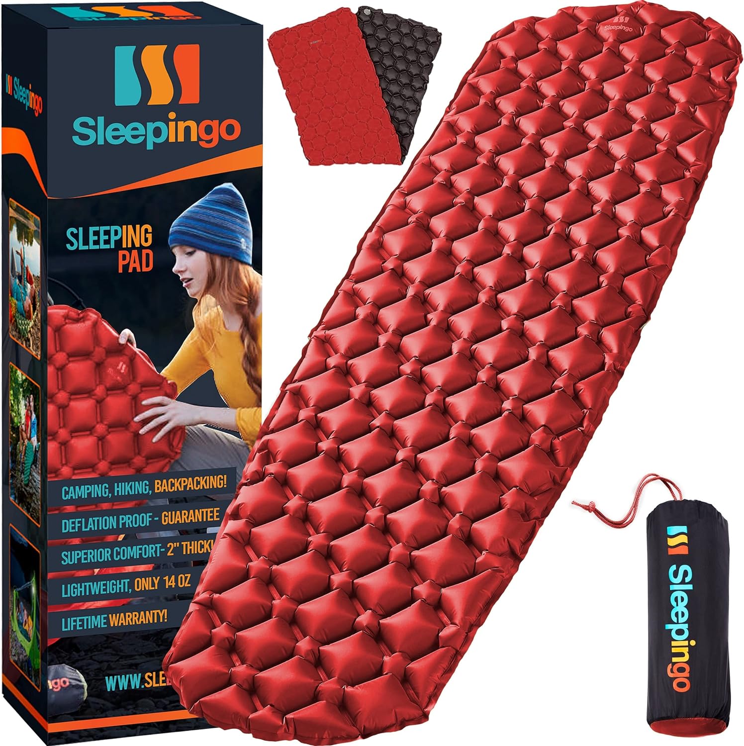 Sleeping Pad for Camping - Ultralight Sleeping Mat for Camping, Backpacking, Hiking - Lightweight, Inflatable Air Mattress - Compact Camping Mats for Sleeping-red with Black back-1pk