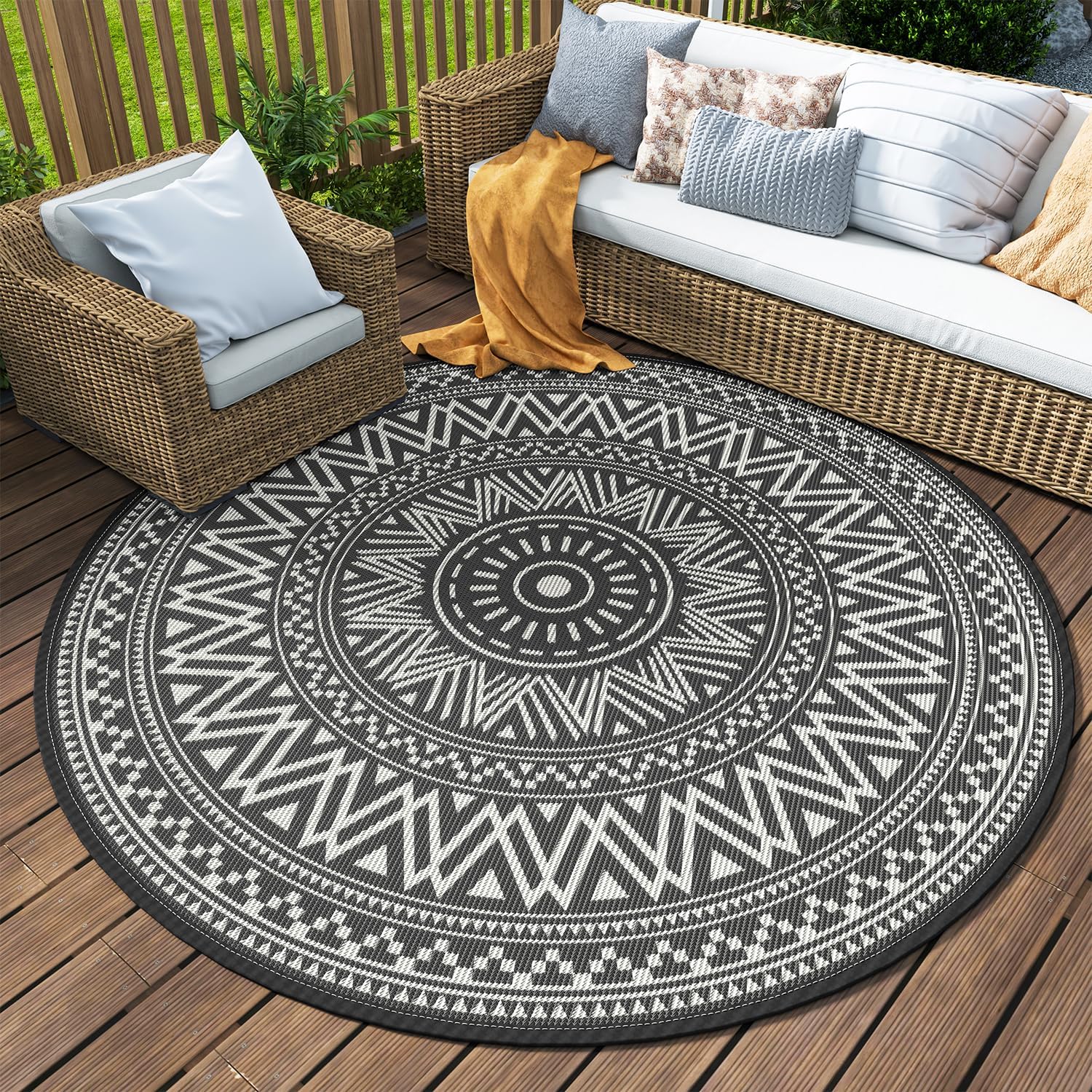 MontVoo-Outdoor Rug Carpet Waterproof 6x6 ft Round Reversible Patio Rug RV Camping Rug-Plastic Straw Rug Outside Indoor Outdoor Area Rug for Patio Deck Balcony Picnic Beach Outdoor Decor Boho Grey