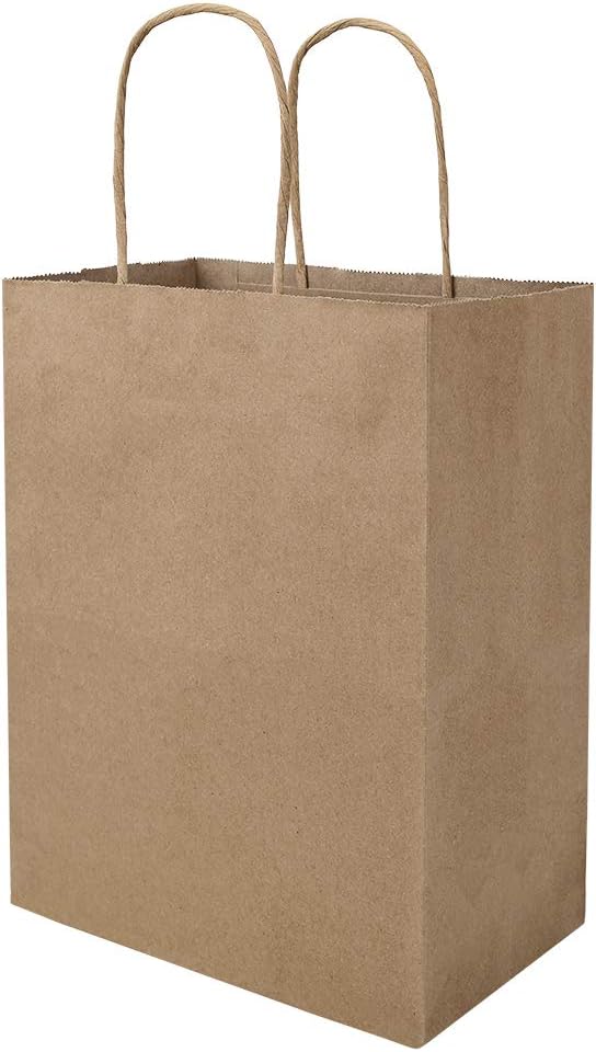bagmad 100 Pack 8x4.75x10 inch Plain Medium Paper Bags with Handles Bulk, Brown Kraft Bags, Craft Gift Bags, Grocery Shopping Retail Bags, Birthday Party Favors Wedding Bags Sacks (Brown, 100pcs)
