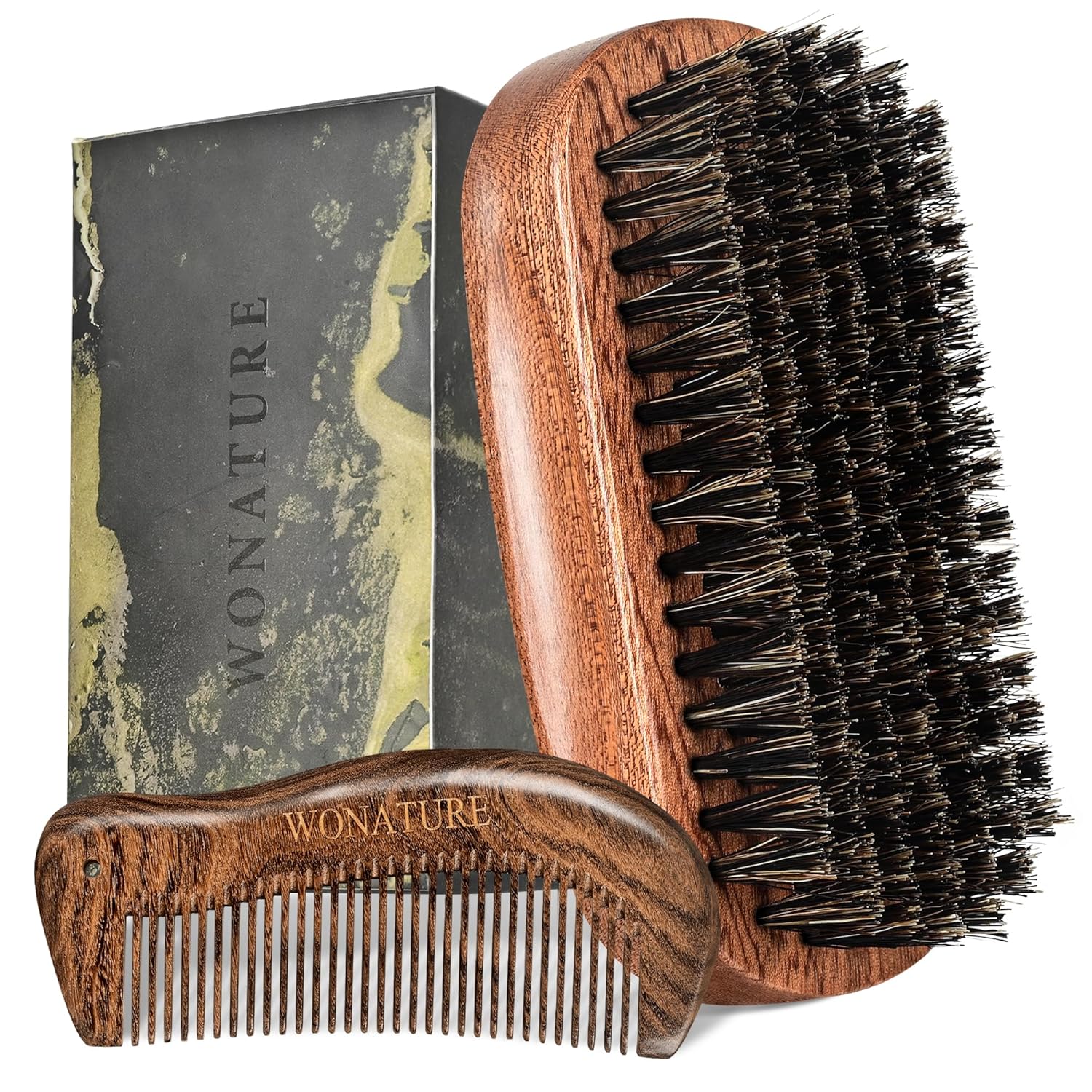 Boar Bristle Beard Brush - Men' Beard Care Tool Set with Wooden Sandalwood Comb & Travel Pouch, Styling & Detangling Travel Kit for All Beard Types  Beard Grooming with Gift Box