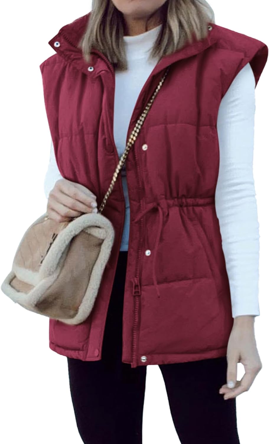 BTFBM Women' Casual Outerwear Vest Button Down Zip Up Padded Gilet Drawstring Sleeveless Jackets Coats with Pockets