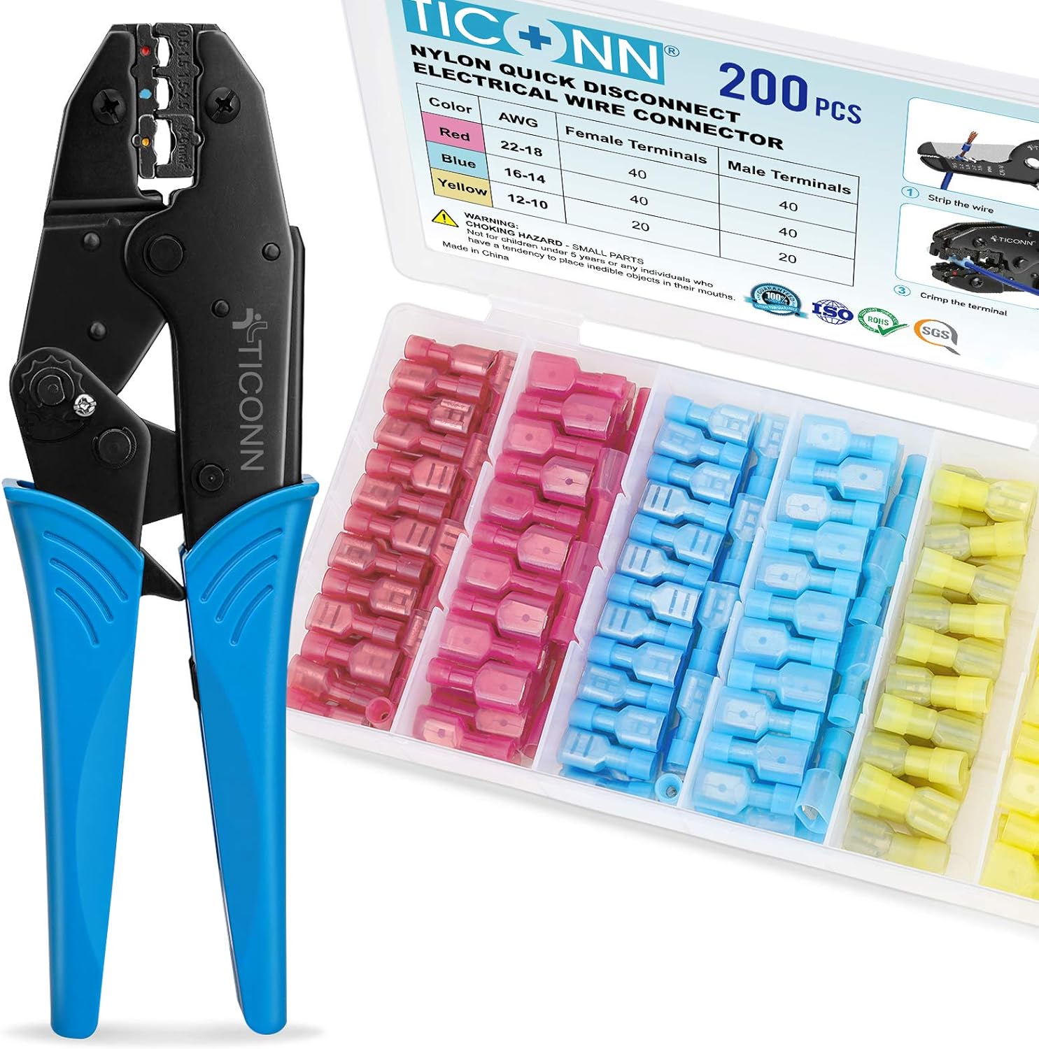 TICONN Crimping Tool + 200 Pcs Nylon Spade Quick Disconnect Connectors Kit