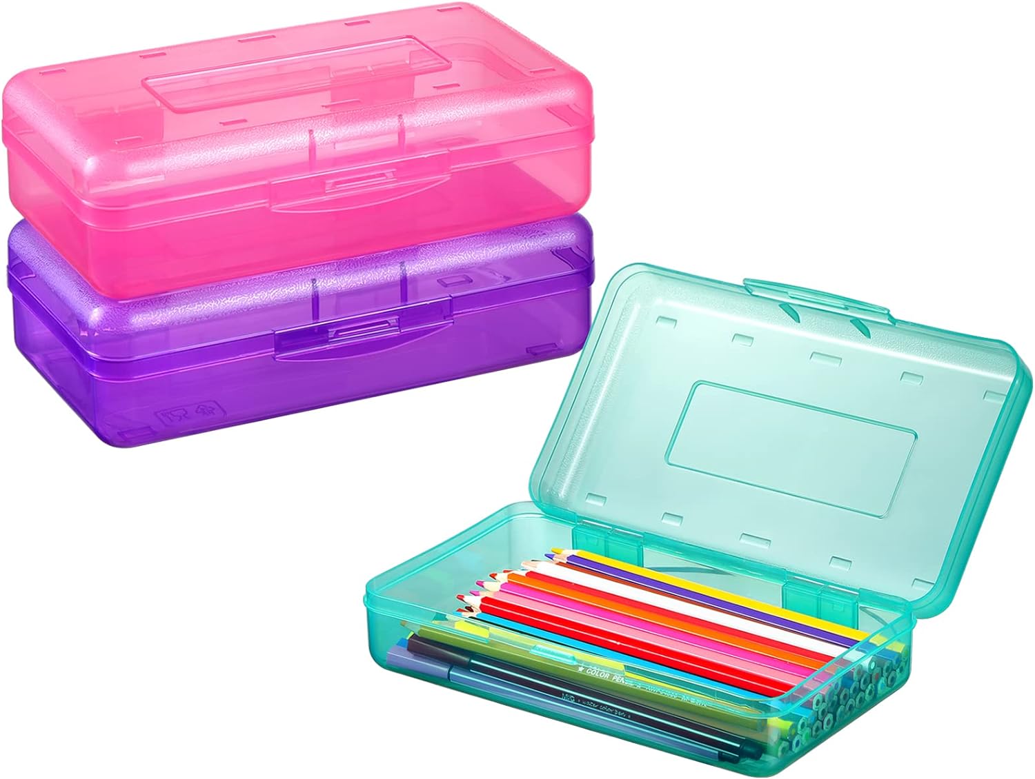 Sooez 3 Pack Pencil Box, Pencil Box for Kids, Plastic School Supply Box Bulk, Large School Box, Hard Plastic Pencil Case Lid, Stackable Clear Supply Boxes Bulk for Girl Boy Classroom