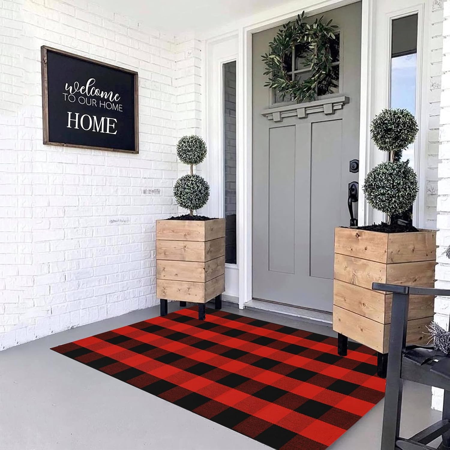 MUBIN Cotton Black and Red Plaid Rug, 3'x 5' Outdoor Front Door Decor Mat, Hand-Woven Reversible Foldable Rug for Layered Door Mats Washable Carpet for Front Porch, Entryway, Farmhouse