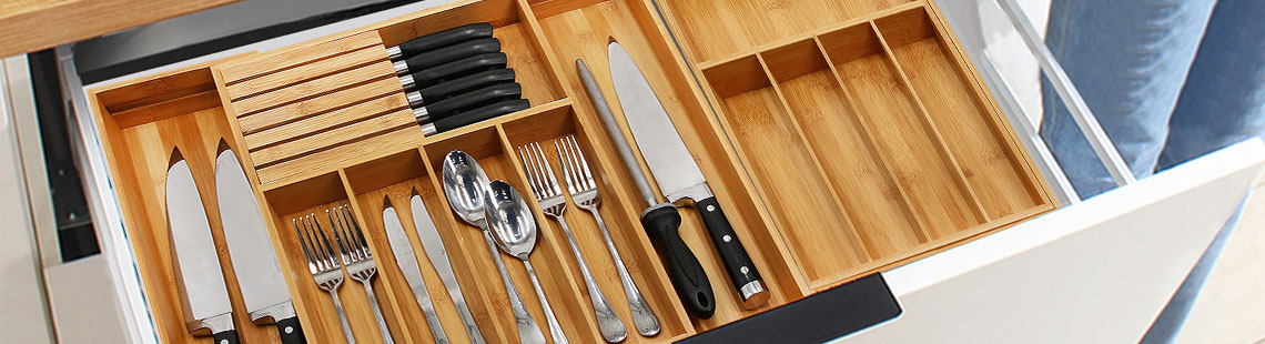 VaeFae Bamboo Silverware Drawer Organizer Kitchen, Expandable Utensil Holder and Cutlery Tray with Divider, Flatware Storage and Removable Knife Block