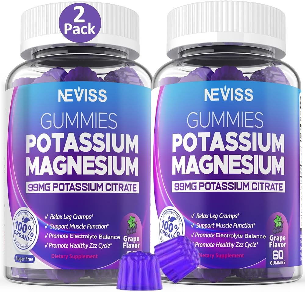 Potassium Magnesium Gummies for Adults Kids, Sugar-Free Potassium Citrate 99mg with High Absorption Magnesium Glycinate, Ashwagandha,Vitamin B6, B12 for Leg Cramps & Muscle Function, Electroyte, 2Pack