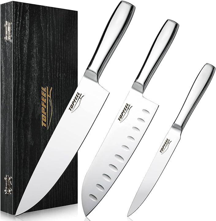 Topfeel Chef Knife Set Ktichen Knives 3 Piece, Silver Mirror Polishing Kitchen Knife Set with Wooden Box, Professional Sharp Knife, Full Tang & High Carbon