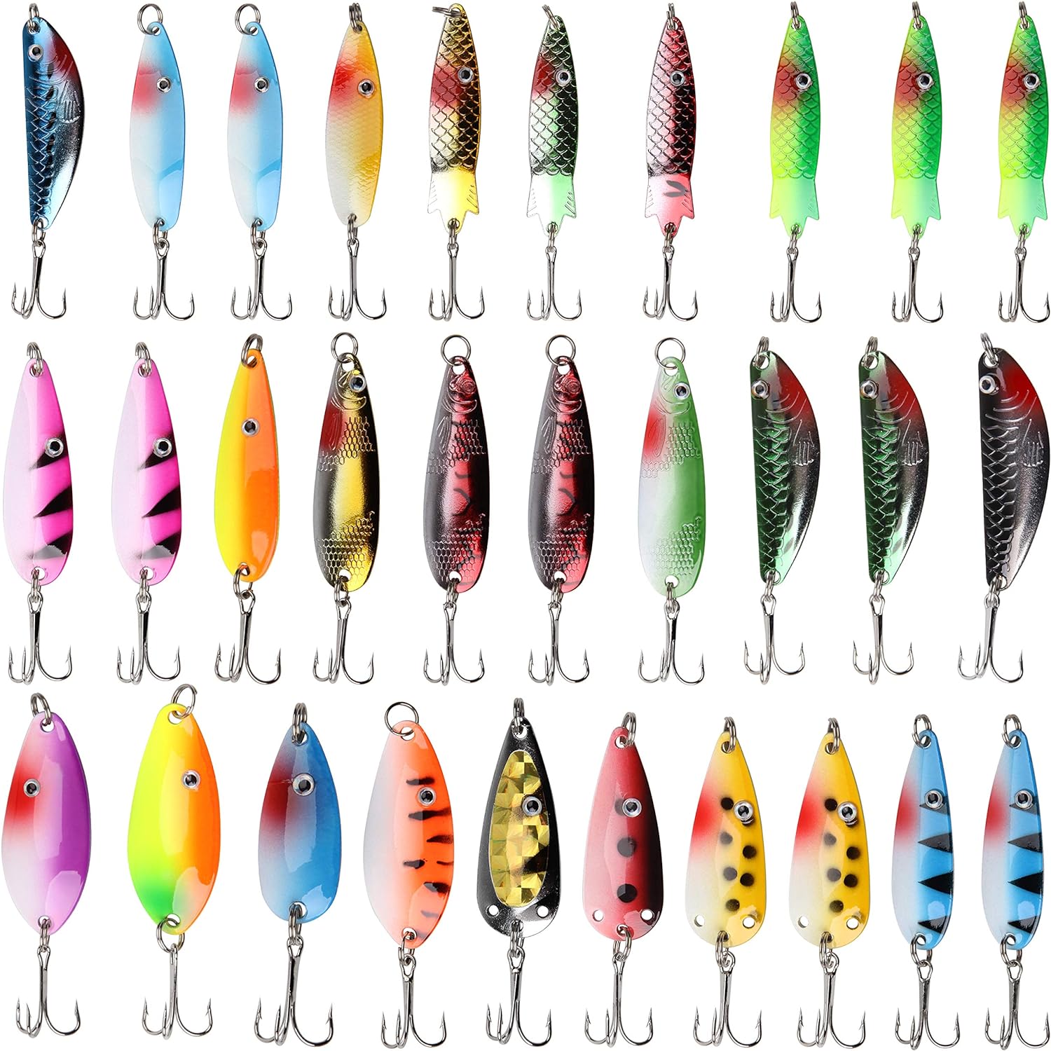 Fishing Spoons Lures Kit,30pcs Hard Metal Fishing Spinner Baits Trout Lures Casting Trolling Trout Spoons Fishing Lures with Treble Hooks for Bass Salmon Pike Walleye