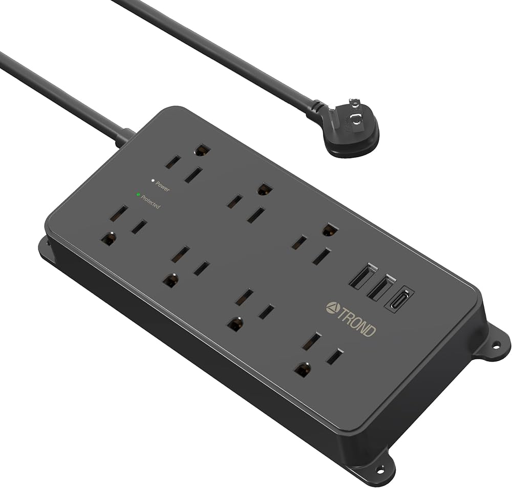 TROND Power Strip Surge Protector, 7 Widely-Spaced Outlets with 2 USB Ports (1 USB C), ETL Listed, Flat Plug 5ft Extension Cord, Wall Mountable, 1700J, 14AWG Heavy Duty, for Home Office Garage, Black