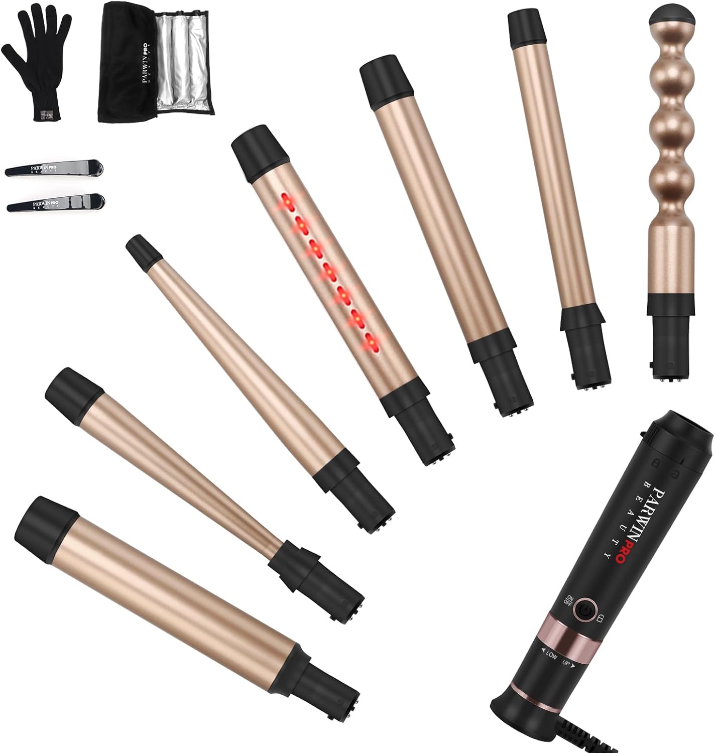 Curling Iron Wand Set, Infrared 7 in 1 Ceramic Barrel Interchangeable Include 3%2f4in, 1in, 1inch with Infrared, 1 1%2f4inch, 1-1%2f2in, 1%2f2-1in, 1in Bubble Wand, Dual Voltage, Auto Shut Off