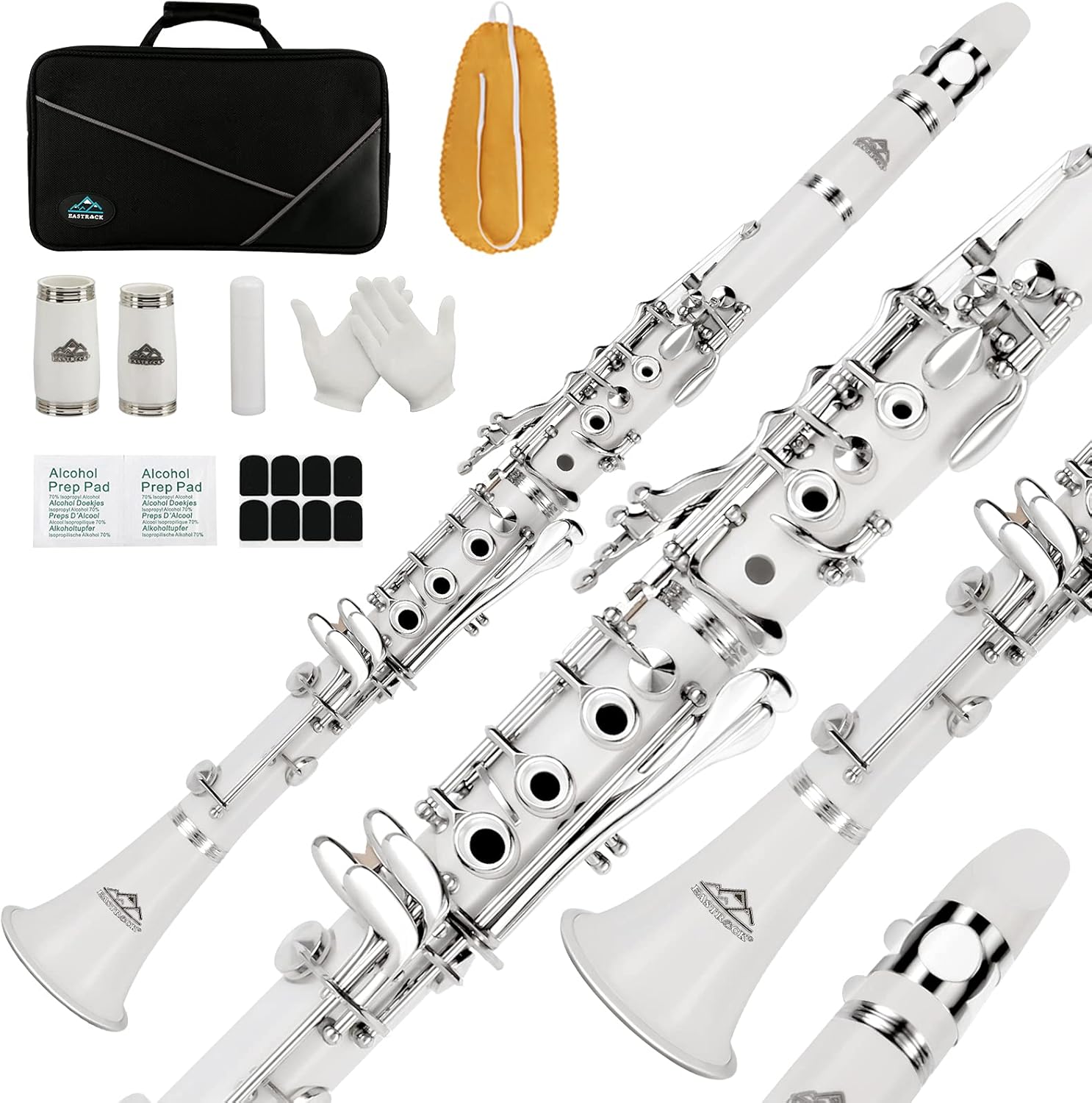 EASTROCK Clarinet Bb Flat 17 Nickel Keys White Beginner Student Clarinet with 2 Barrels Hard Clarinet Case and Clarinet Cleaning Kit