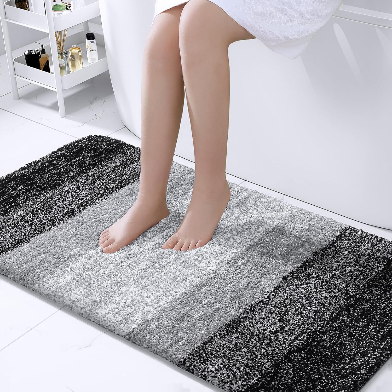 OLANLY Luxury Bathroom Rug Mat 47x24, Extra Soft and Absorbent Microfiber Bath Rugs, Non-Slip Plush Shaggy Bath Carpet Runner, Machine Wash Dry, Bath Mats for Bathroom Floor, Tub and Shower, Black