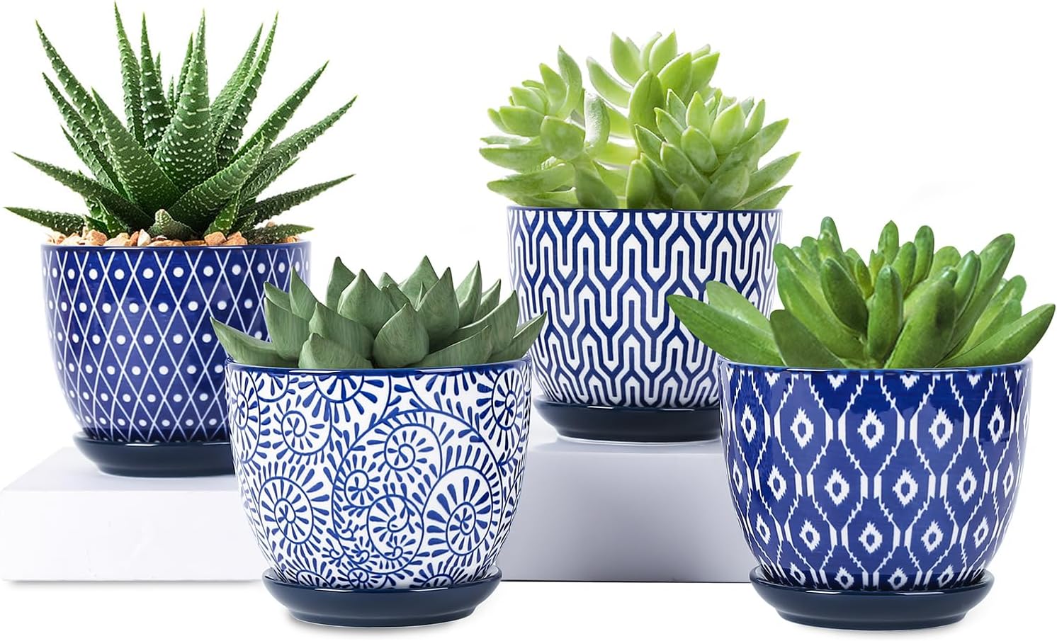 Selamica Ceramic Plant Pots, 4.6 Inch Flower Pots for Indoor Plants, Succulent Pots with Drainage Hole & Saucer, Succulent Planters for Succulent Cactus, Home Decor, Set of 4, Vintage Blue