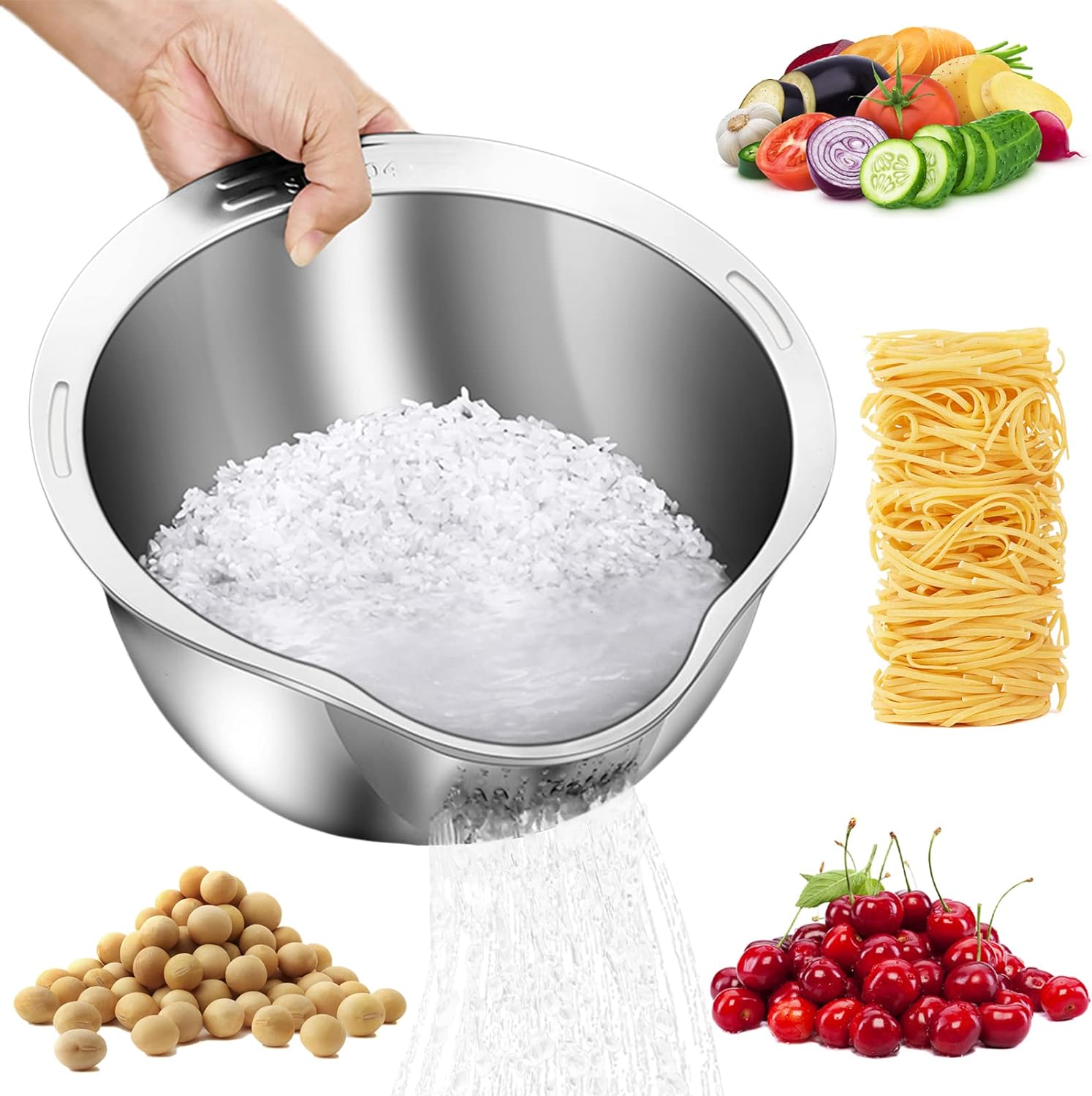 I really like this as a method of cleaning rice, but also use it to clean and soak and drain other things such as vegetables, fruit and frozen items such a shrimp. I don't like items made of plastic so I like that it is metal and very light and easy to clean.
