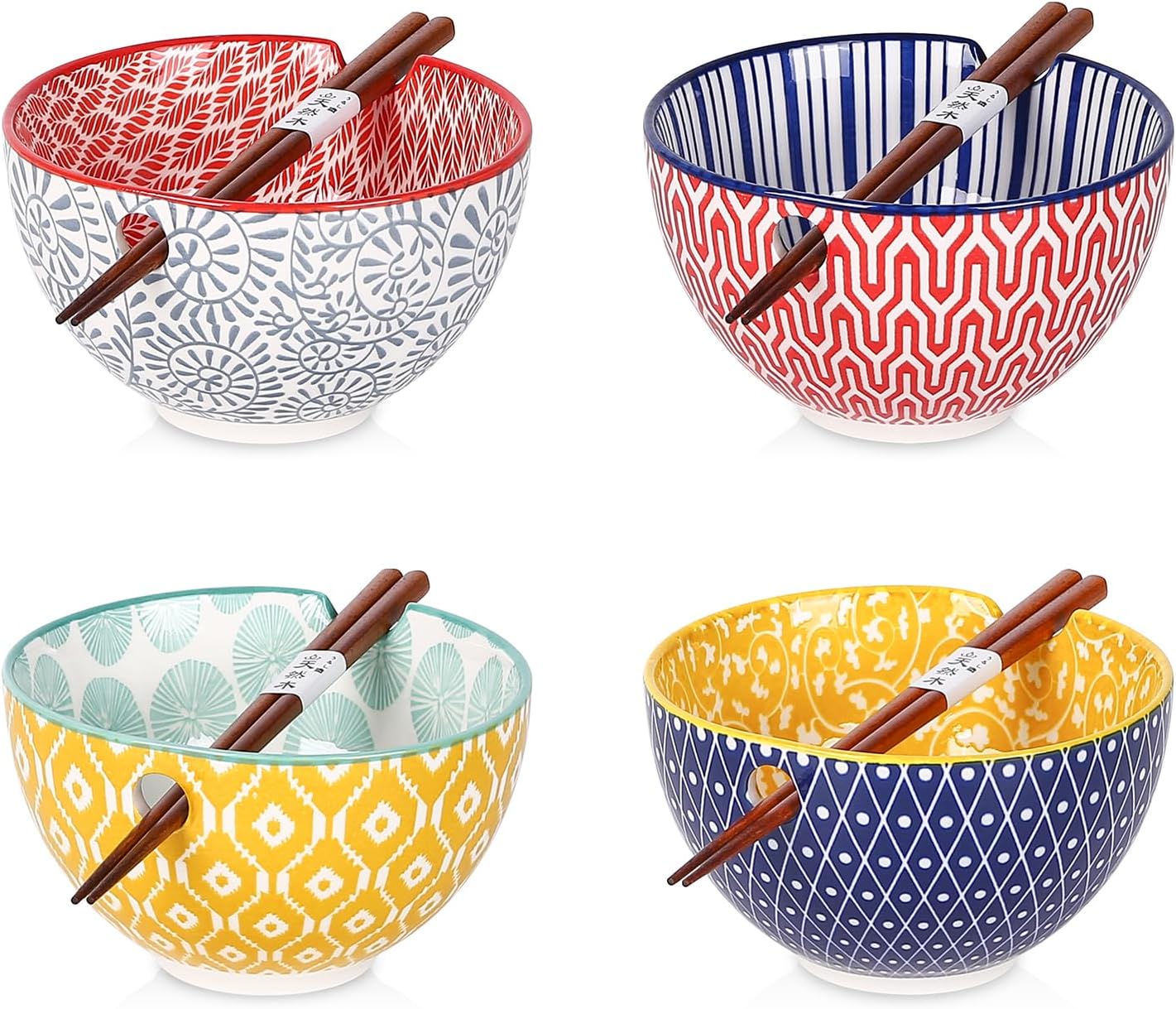 Selamica Ceramic Ramen Bowls Set, 15 OZ Noodle Bowls for Kitchen with Chopsticks, Deep Soup Bowls for Japanese Ramen Udon Soba, Microwave Dishwasher Safe, Gift, Set of 4, Assorted Colors