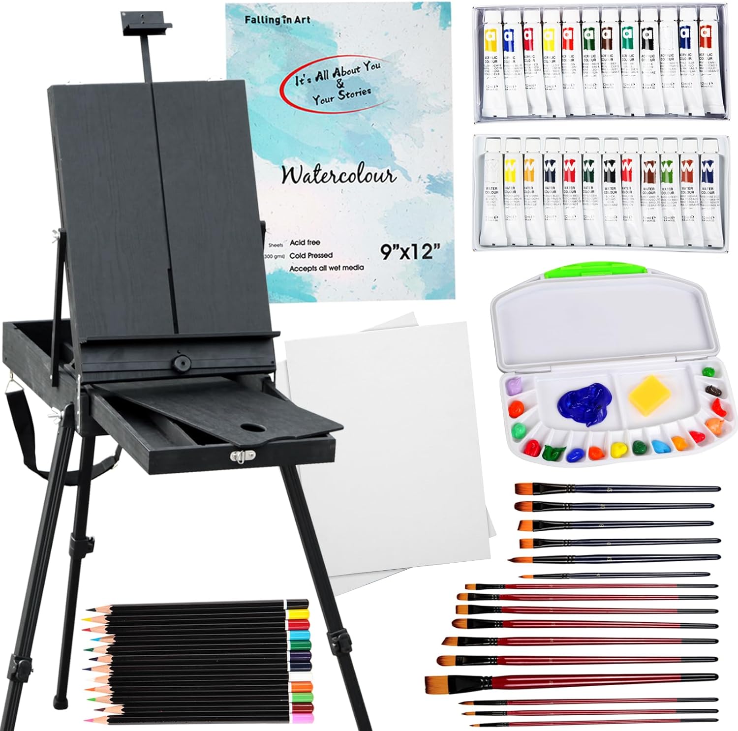 Falling in Art French Plein Air Easel Set, Portable Studio Sketchbox for Painting, Acrylic Paints, Watercolors, Water Soluble Pencils, Canvas Panels, Watercolor Pad, Nylon Brushes, Airtight Palette