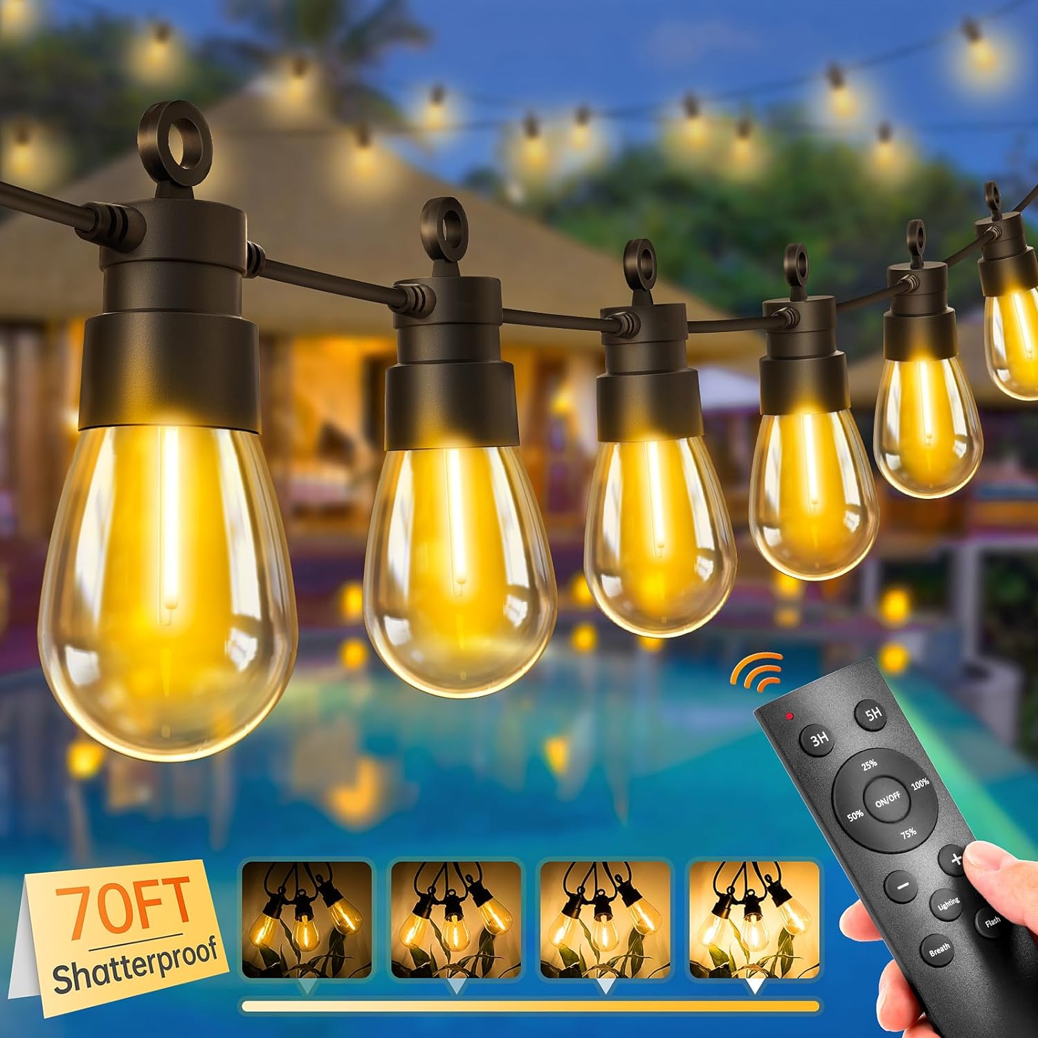 Outdoor String Lights Dimmable with Remote - 70FT Patio Hanging Lights with IP65 Waterproof & Shatterproof LED Edison Bulbs, 3 Modes 2 Timer Outside Lighting for Garden Porch Yard Gazebo Balcony