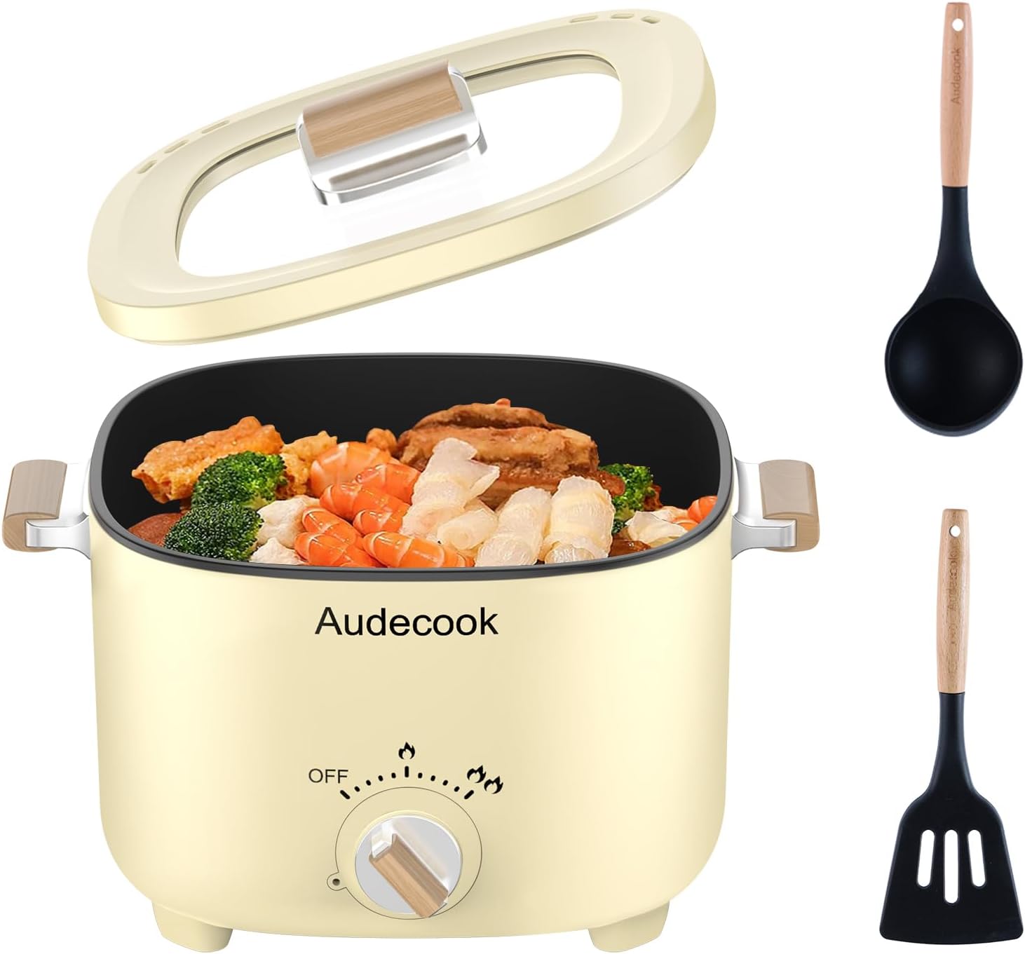 Audecook Hot Pot Electric, 2.5L Portable Nonstick Multicooker for 1-3 Persons, Honeycomb Texture Travel Electric Skillet with Dual Power Temperature Control for Steak/Egg/Noodles/Oatmeal (Beige)