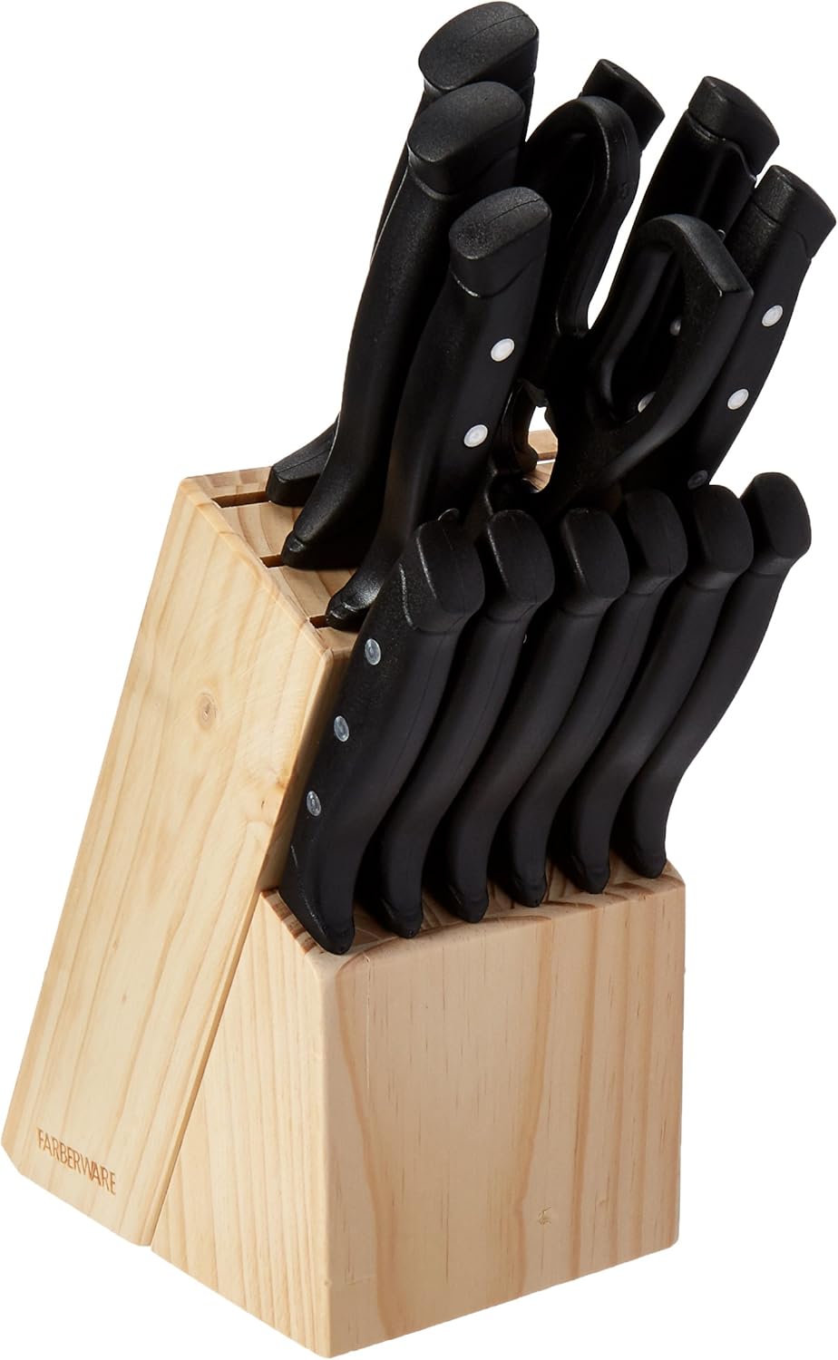 Farberware 22-Piece Triple Rivet Rust-Resistant Wave Edge High-Carbon Stainless Steel Knife Block Set, Beechwood/Black