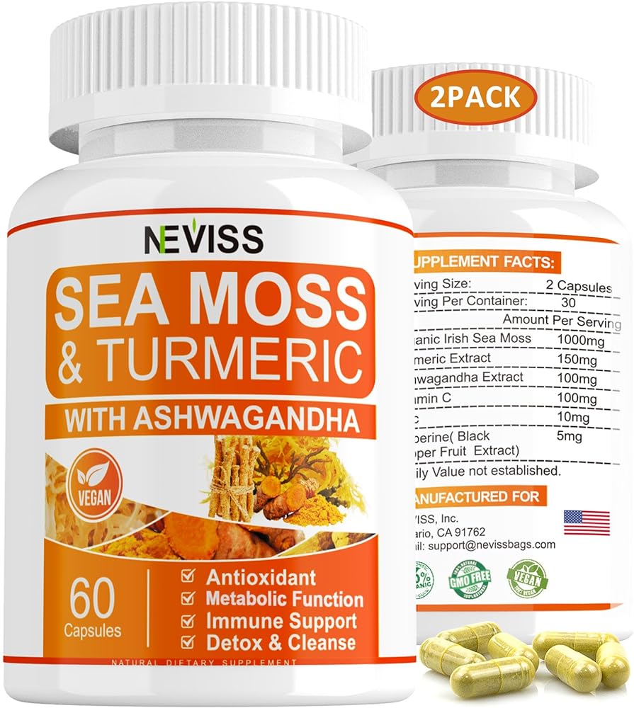 2 Pack Sugar Free Organic Sea Moss Capsules, with Turmeric, Ashwagandha, Vitamin C, Seamoss Pills, Seamoss Gel, 60 * 2ct