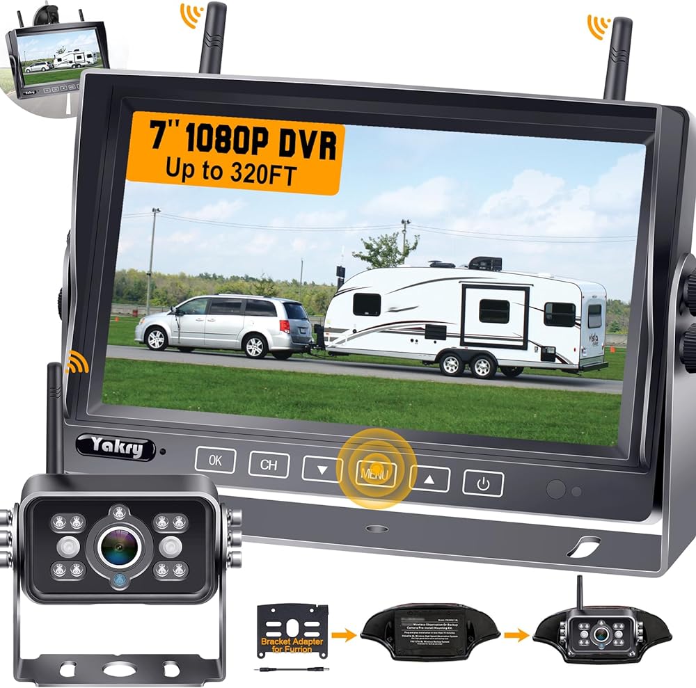 Yakry RV Backup Camera Wireless System - 7'' HD Reverse Camera for Truck with DVR Monitor -Bluetooth Trailer Back up Camera with Night Vision Waterproof -Rear View Camera for Furrion Pre-Wired RVs Y22