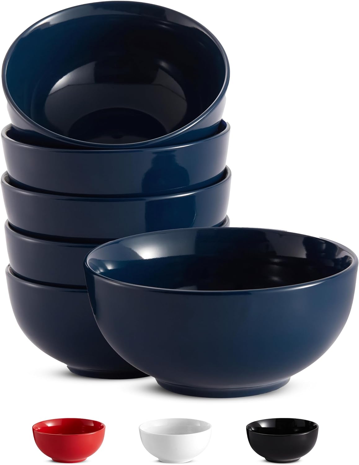 KooK Cereal Bowl, Bowl Set, Ceramic Bowls, Set of 6, Soup Bowl, White Bowl, Microwave, Dishwasher and Freezer Safe, Chip Resistant, for Pasta, Salad, Oatmeal, Deep Interior, 24 Oz (Navy, 6 Inch)