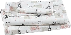 Beatrice Home Fashions Printed Microfiber Sheet Set, Soft Comfortable Easy Care, Includes 1 Fitted Sheet with 12&#34; Deep Pockets, 1 Flat Sheet, Pillowcase, Queen, Paris Postale