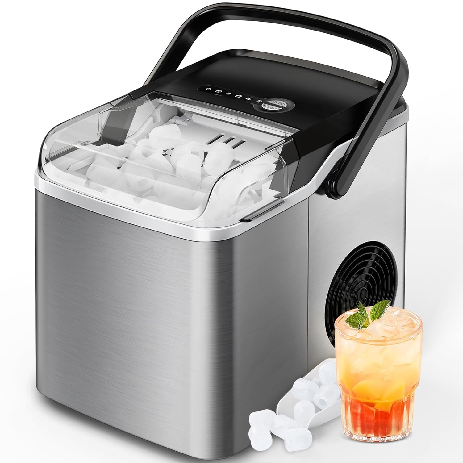 Silonn Countertop Ice Maker, 9 Cubes Ready in 6 Mins, 26lbs in 24Hrs, Portable Ice Machine with Self-Cleaning, 2 Sizes of Bullet Ice for Home/Kitchen/Party/RV, Stainless Steel