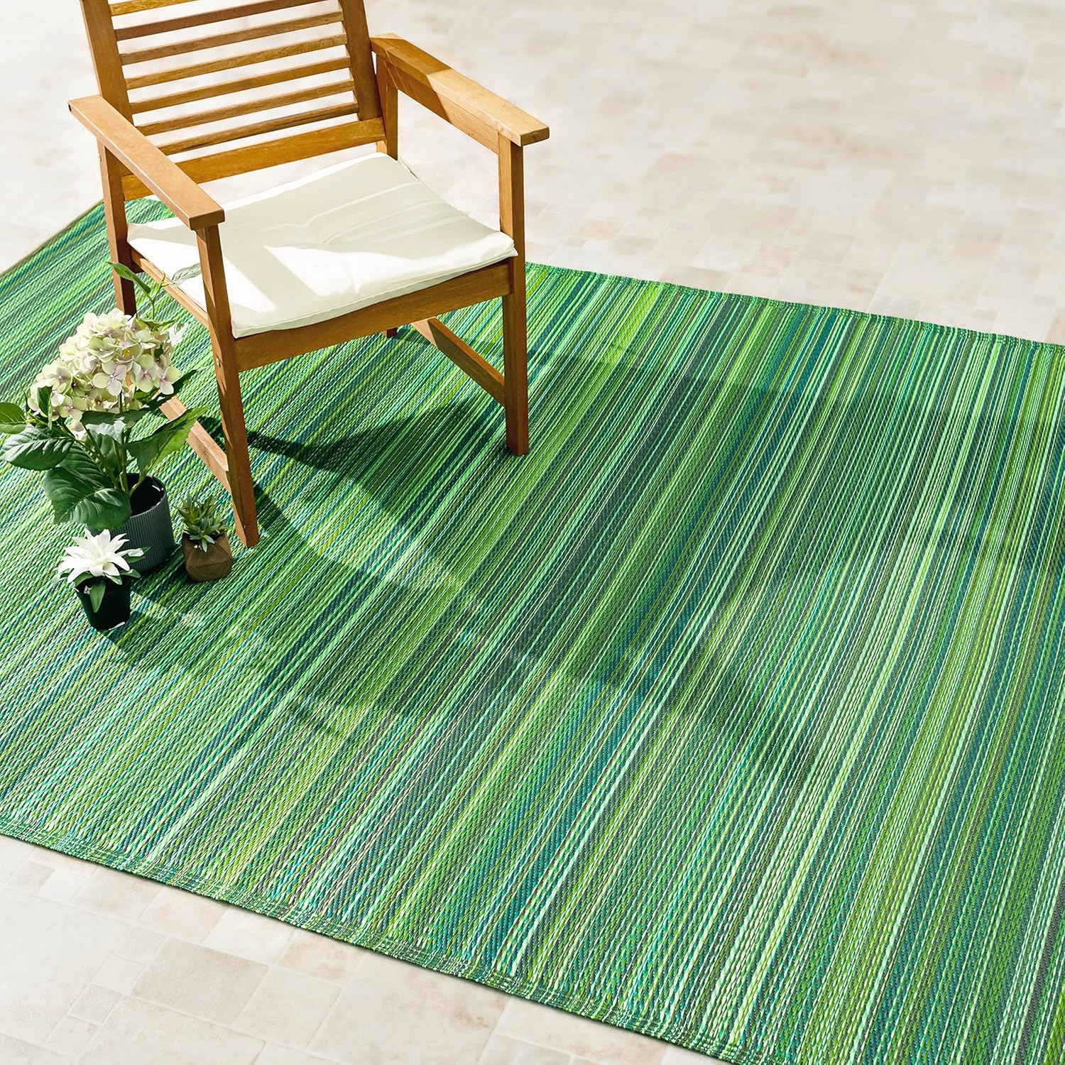 Fab Habitat Outdoor Rug - Waterproof, Fade Resistant, Crease-Free - Premium Recycled Plastic - Striped - Patio, Porch, Deck, Balcony - Cancun - Green - 5 x 8 ft