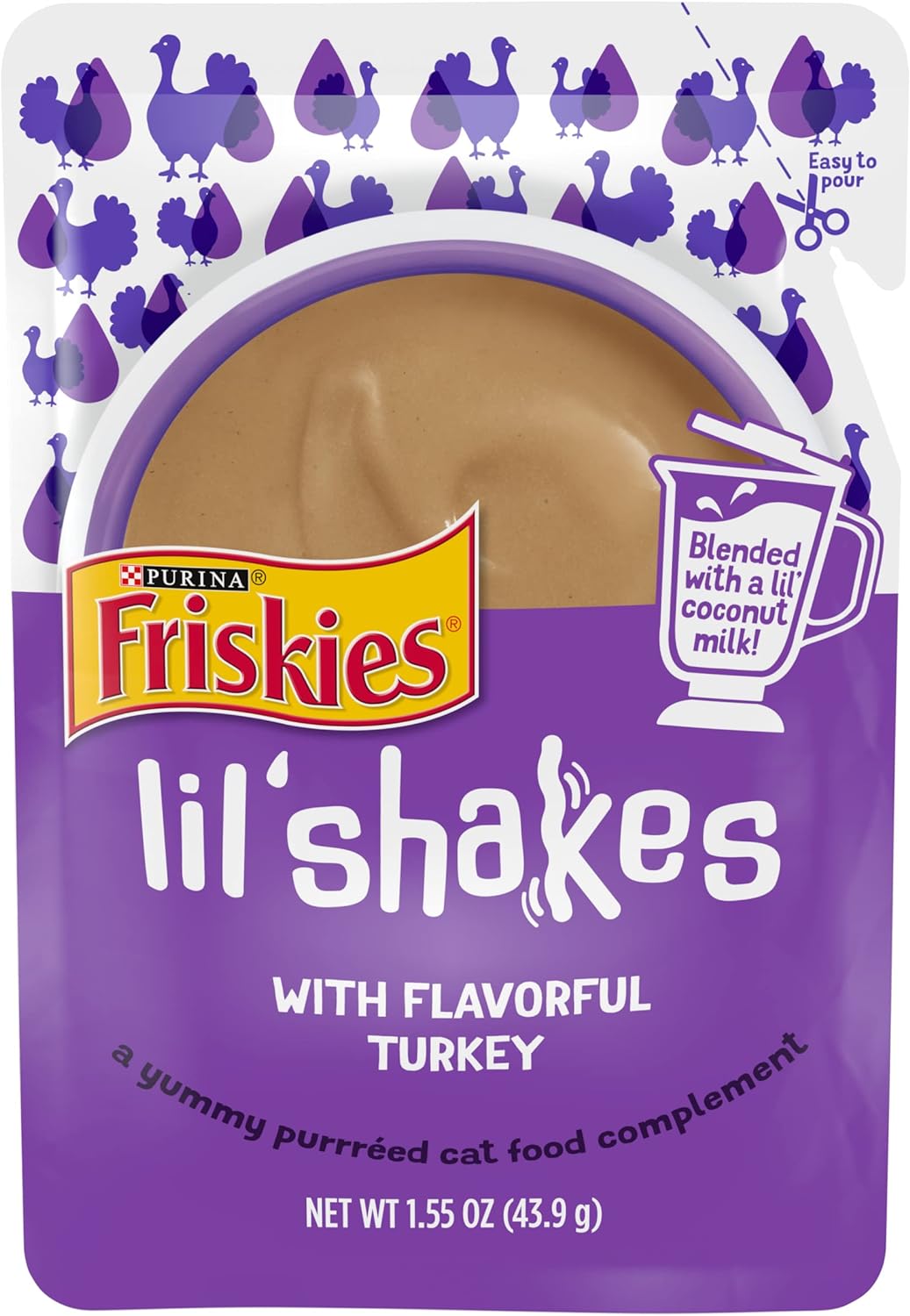 Purina Friskies Wet Pureed Cat Food Topper, Lil' Shakes With Flavorful Turkey Lickable Cat Treats - (Pack of 16) 1.55 oz. Pouches