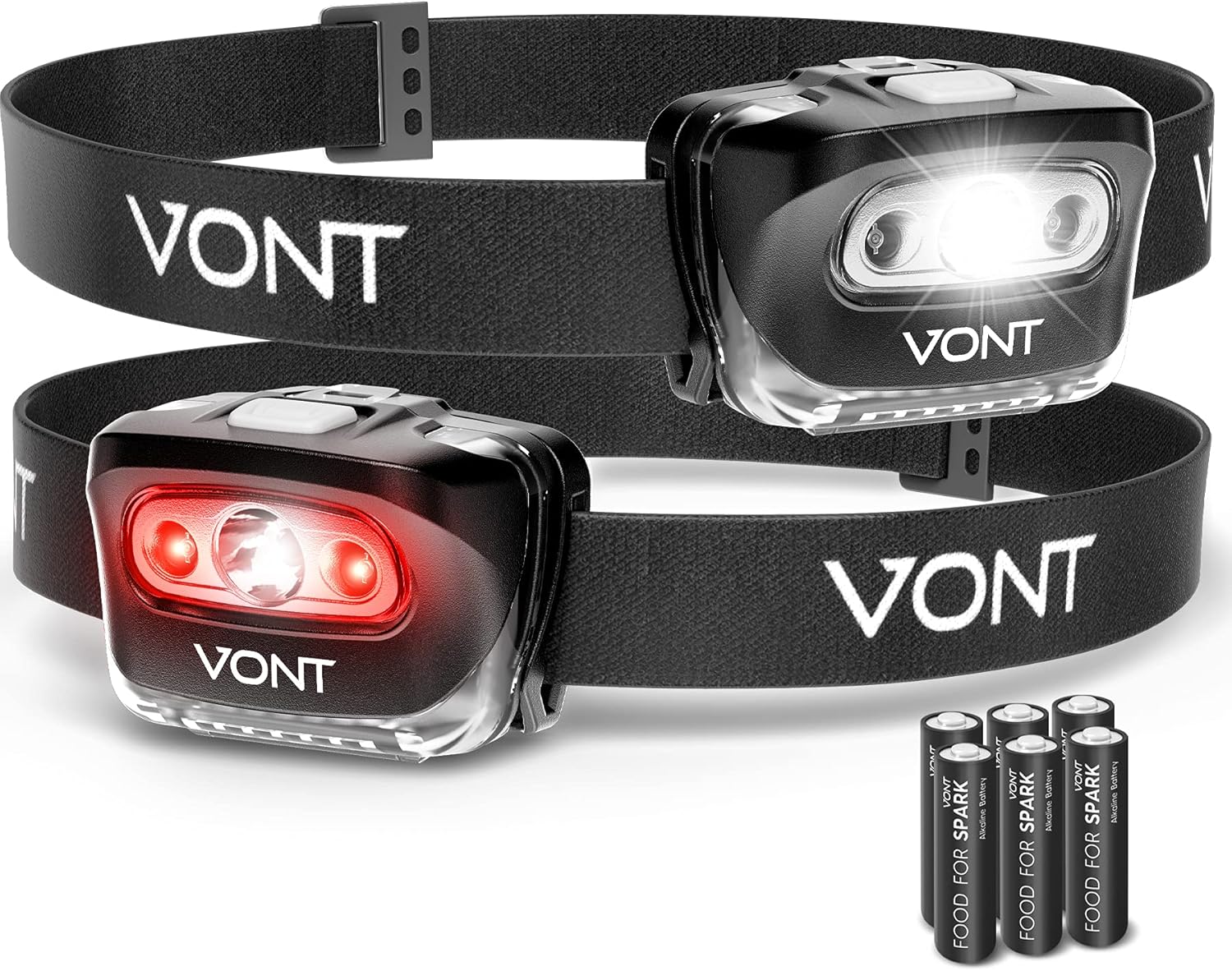 Vont LED Headlamp [Batteries Included, 2 Pack] IPX5 Waterproof, with Red Light, 7 Modes, Head Lamp, for Running, Camping, Hiking, Fishing, Jogging, Headlight Headlamps for Adults & Kids, Red