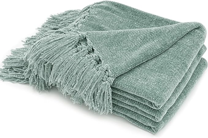 RECYCO Throw Blanket Soft Cozy Chenille Throw Blanket with Fringe Tassel for Couch Sofa Chair Bed Living Room Gift (Sage, 50'' x 60'')