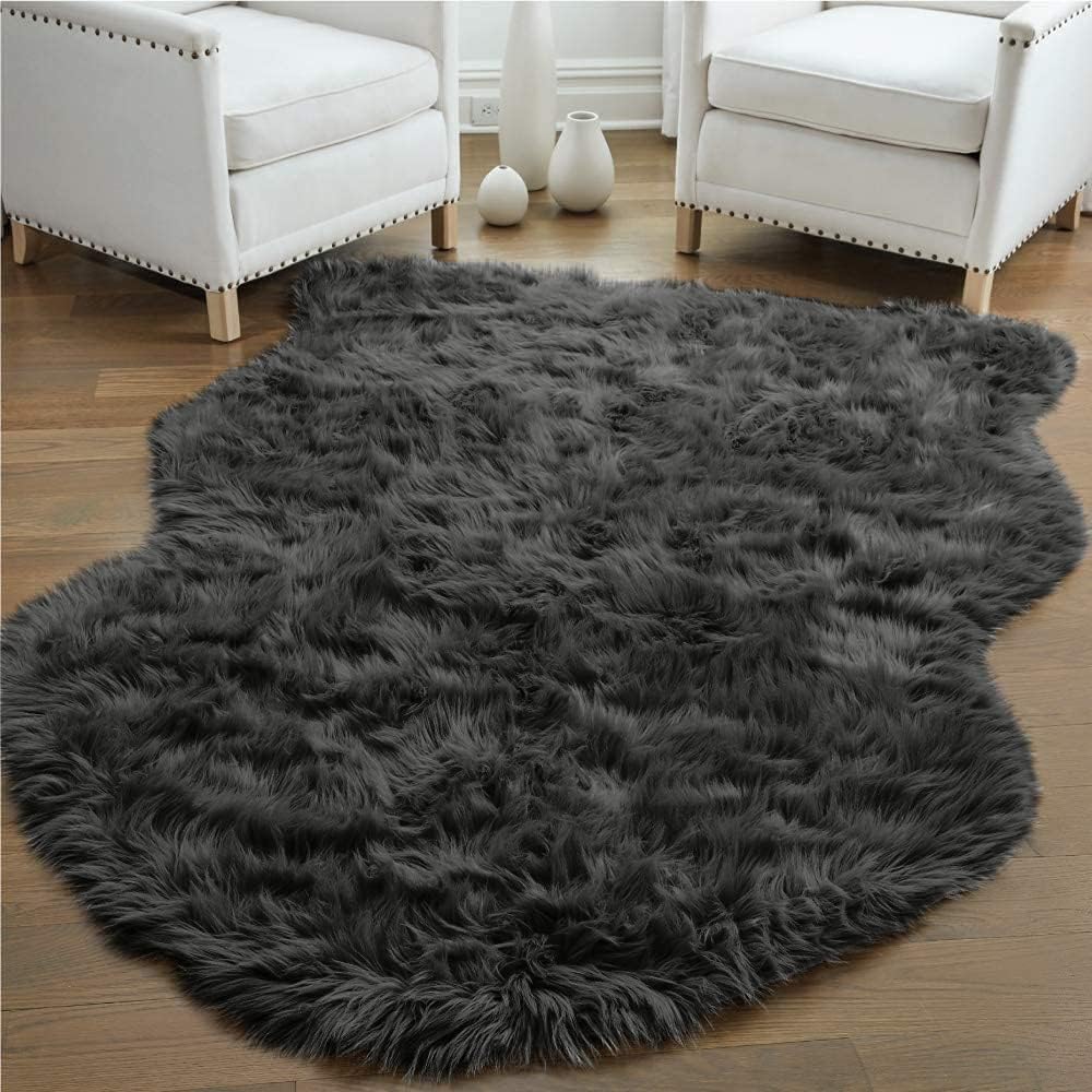 Gorilla Grip Fluffy Faux Fur Sheep Rug, 6x9, Machine Washable Soft Furry Area Rugs, Rubber Backing, Plush Floor Carpets for Baby Nursery, Bedroom, Living Room Shag Carpet, Luxury Home Decor, Charcoal