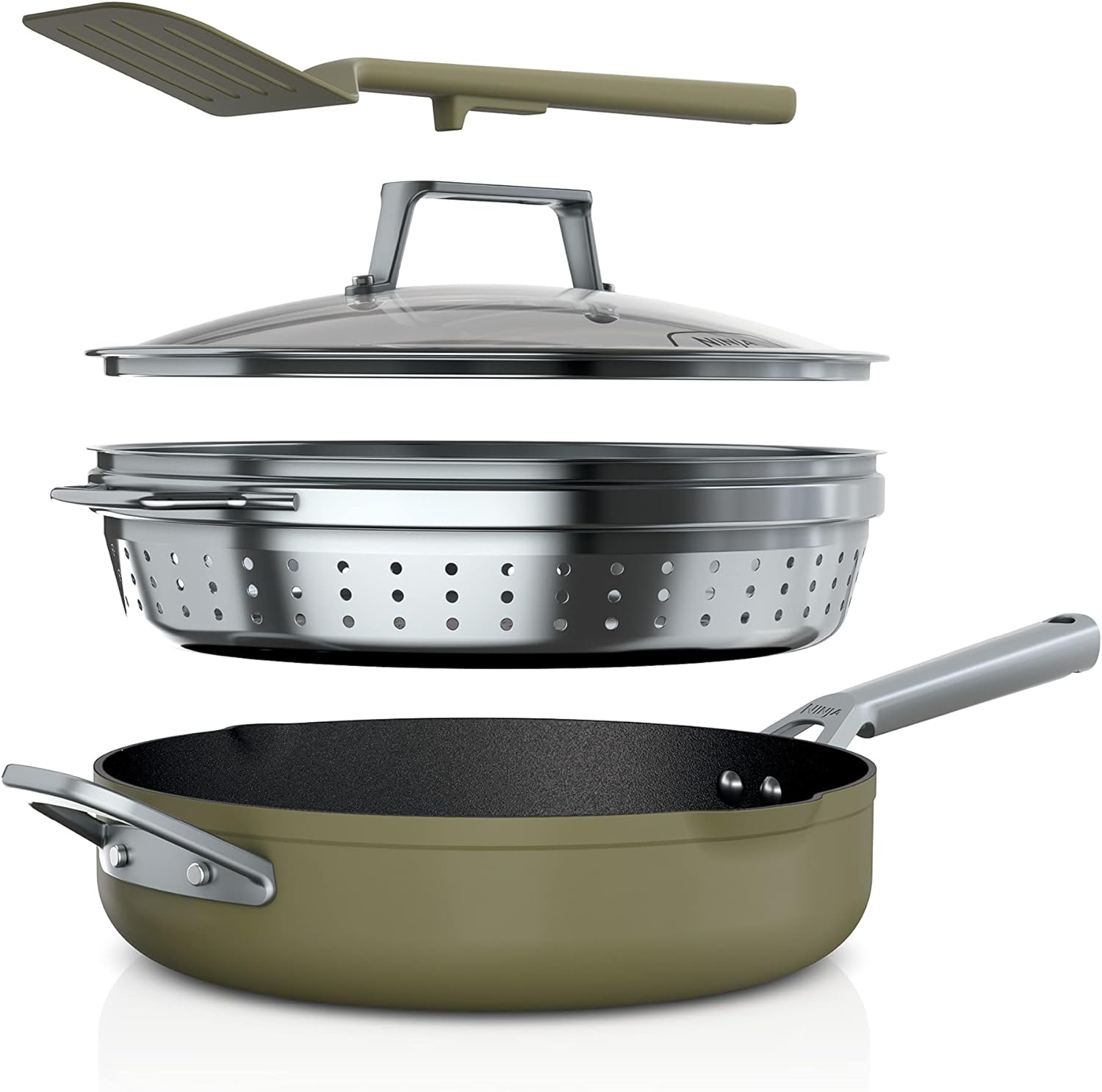 Ninja CW102GN Foodi NeverStick PossiblePan, Premium Set with 4-Quart Capacity Pan, Steamer/Strainer Basket, Glass Lid & Integrated Spatula, Nonstick, Durable & Oven Safe to 500��F, Olive Green