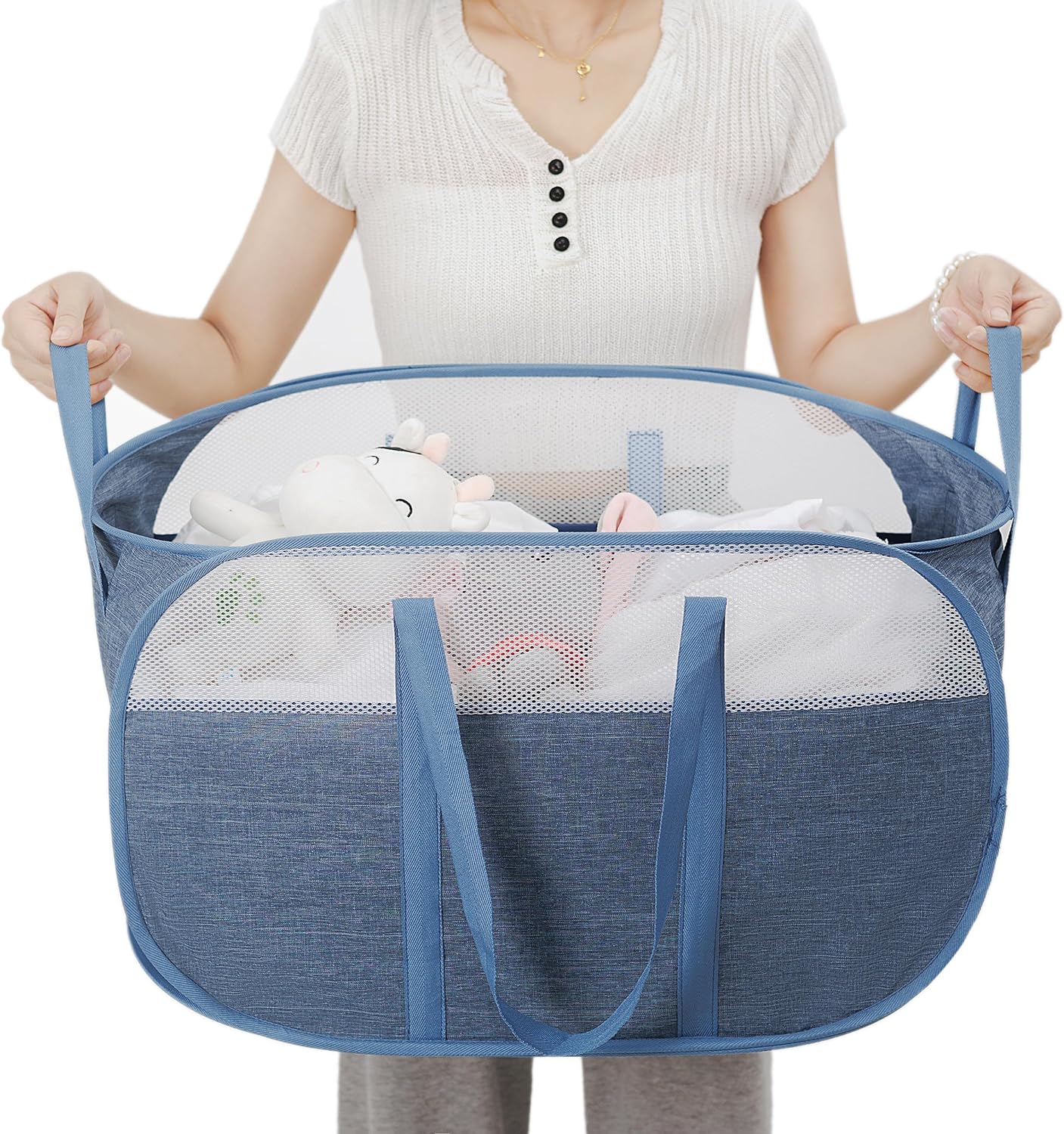 Pop-Up Laundry Basket��collapsible Mesh Laundry Hamper�C With Extended Shoulder Straps, Sturdy Handles, and Premium Cationic Fabric (blue)��