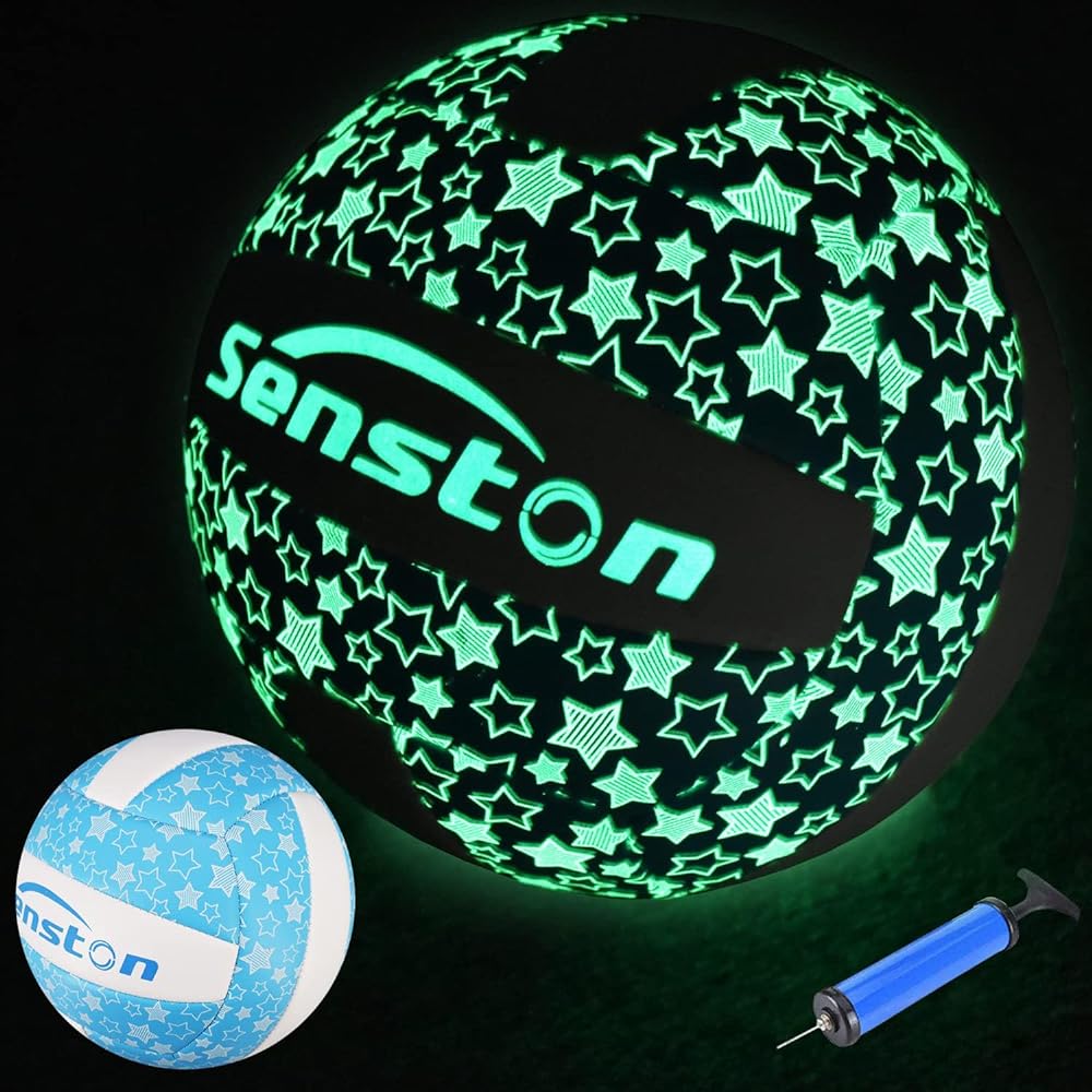 Senston Glow in The Dark Volleyball Size 5, Glowing Leather Volleyball -Gift for Kids, Men, Women Indoor Outdoor Night Volleyball with Pump