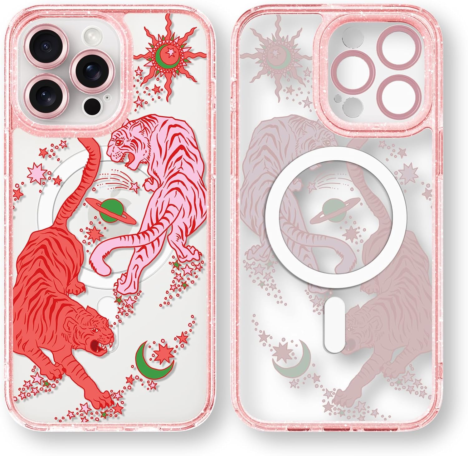 Magnetic for iPhone 15 Pro Max Magsafe Case Cute Aesthetic - Glitter Pink Phone Case with Camera Protector - Girly Tiger Pattern Print Cover Design for Woman Girl 6.7