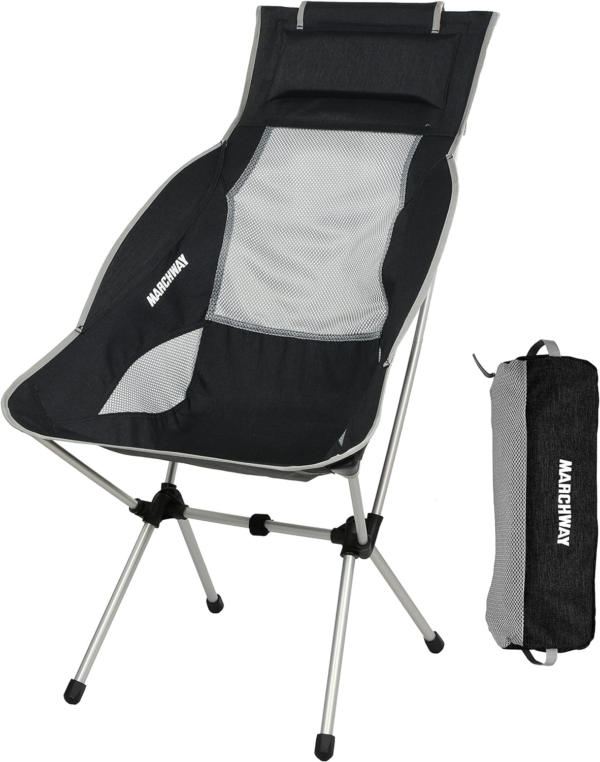 MARCHWAY Lightweight Folding High Back Camping Chair with Headrest, Portable Compact for Outdoor Camp, Travel, Picnic, Festival, Hiking, Backpacking (Highback Black)