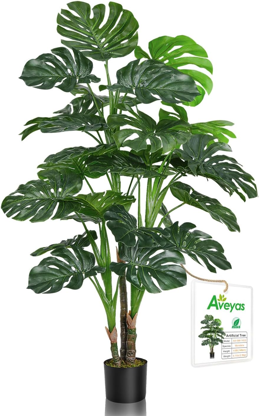 Aveyas 54'' Tall Large Artificial Monstera Deliciosa Plants, 4.5 Feet Faux Swiss Cheese Floor Plants Fake Tropical Silk Tree with Pot for Indoor Outdoor Office House Living Room Home Decor